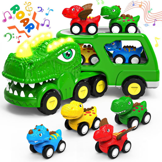 Toddler Car Toys for 1 2 3 4 Year Old Boy Kids Toys 5-in-1 Dinosaur Transport Carrier Trucks Toys for Boys 1-3 with Sounds & Lights Toddler Toys for Boys Age 1-2 2-4 Dinosaur Toys for Kids 3-5 4-6