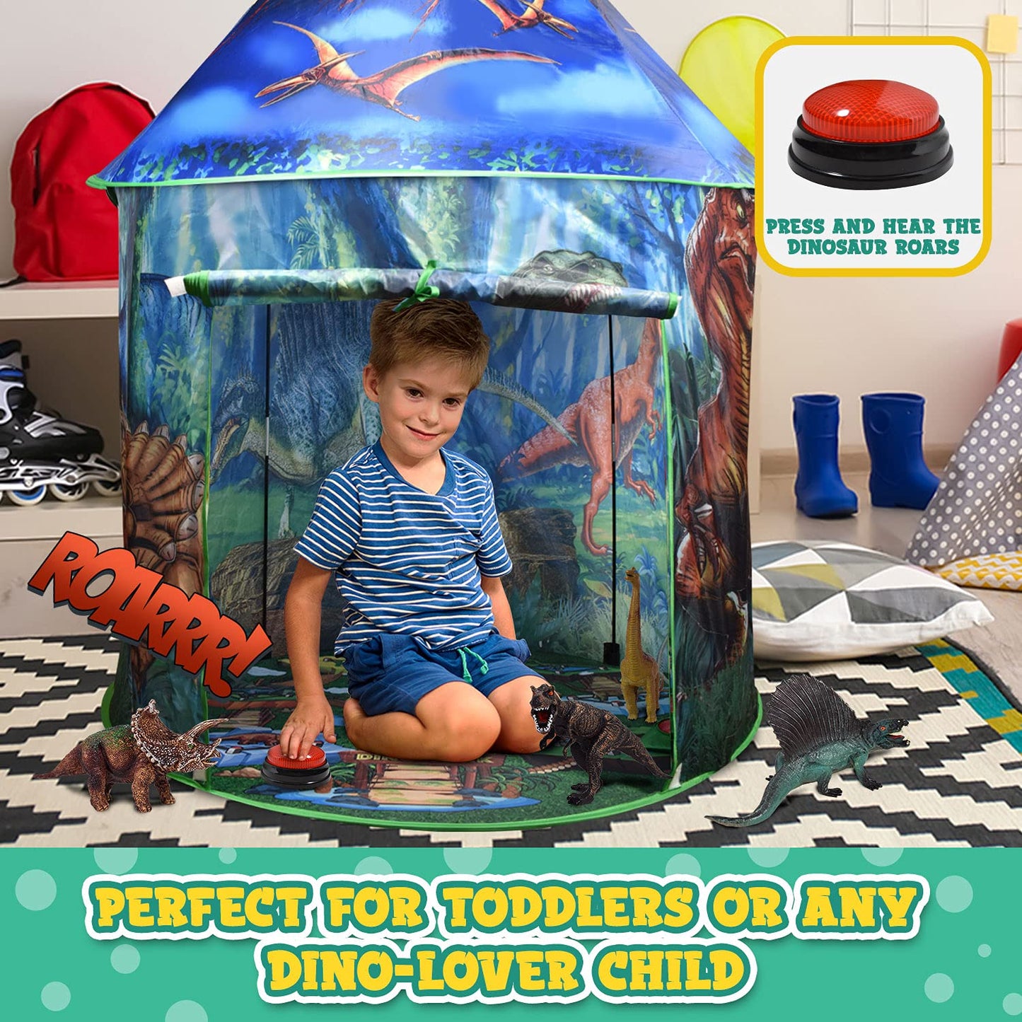 Dinosaur Pop Up Kids’ Play Tent by Toy To Enjoy Indoor & Outdoor, Boys & Girls Includes Remote Controlled Lights, Roar Sound Button & 6 Different Toys