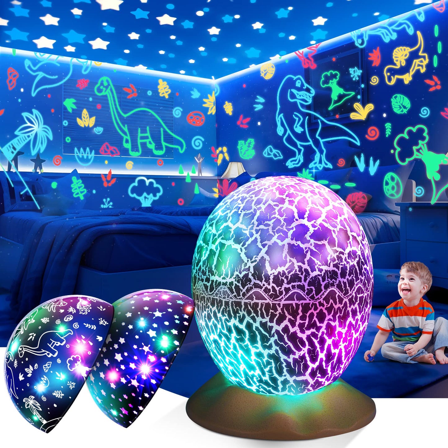 Dinosaur Toys for Kids Age 3-12: Wired Dinosaurs Egg Night Light Gifts for Boys 4 5 6 7 8 9 Year Old 2-in-1 Dino & Star Projector with 360° Rotation Timer for Boy Ages 3-5 Birthday Easter Gifts Decor