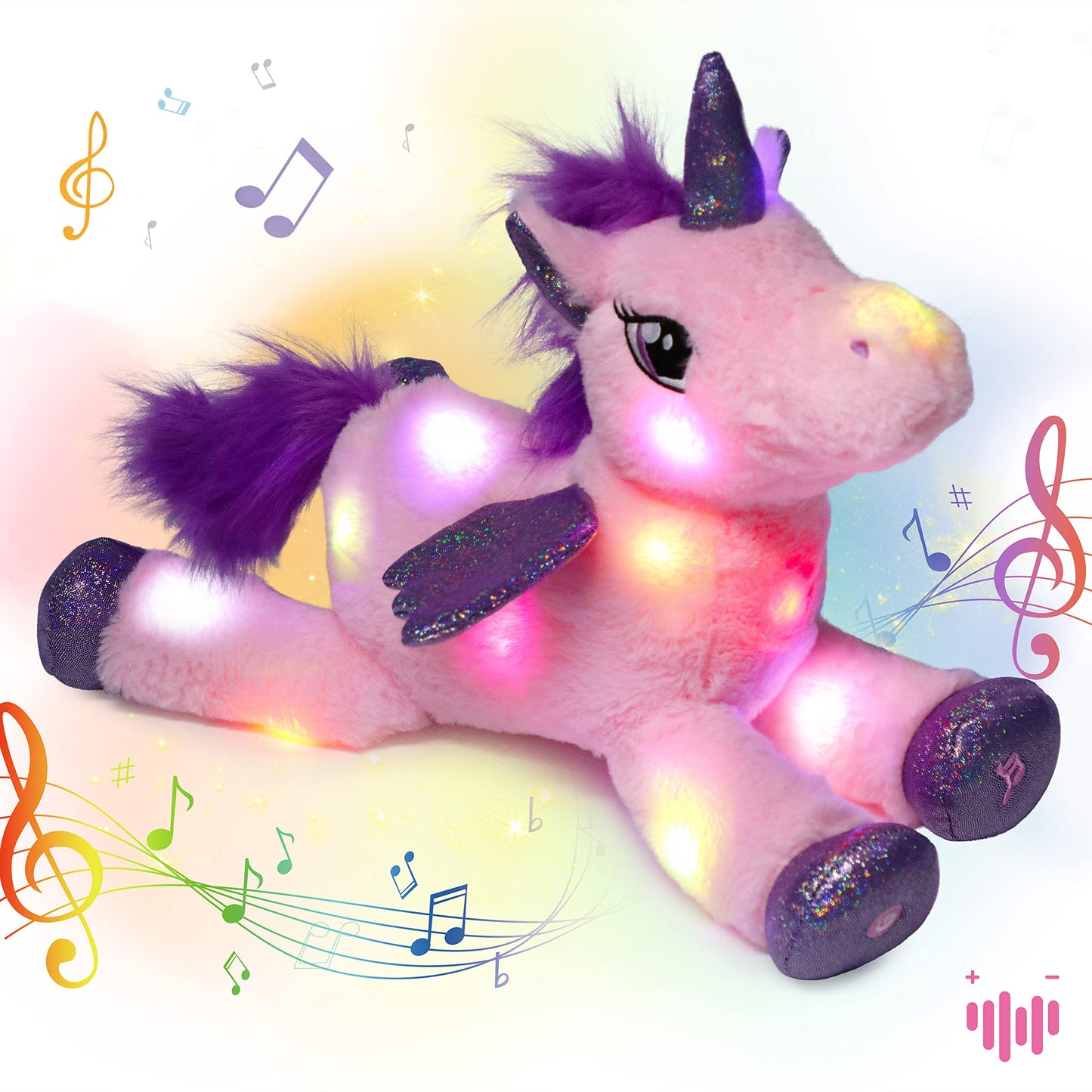 Hopearl LED Musical Stuffed Unicorn Light up Singing Plush Toy Adjustable Volume Lullaby Animated Soothe Birthday Festival for Kids Toddler Girls, Pink, 16''