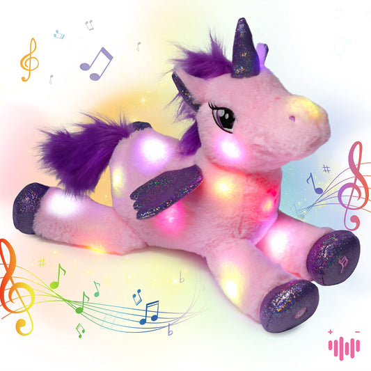 Hopearl LED Musical Stuffed Unicorn Light up Singing Plush Toy Adjustable Volume Lullaby Animated Soothe Birthday Festival for Kids Toddler Girls, Pink, 16''