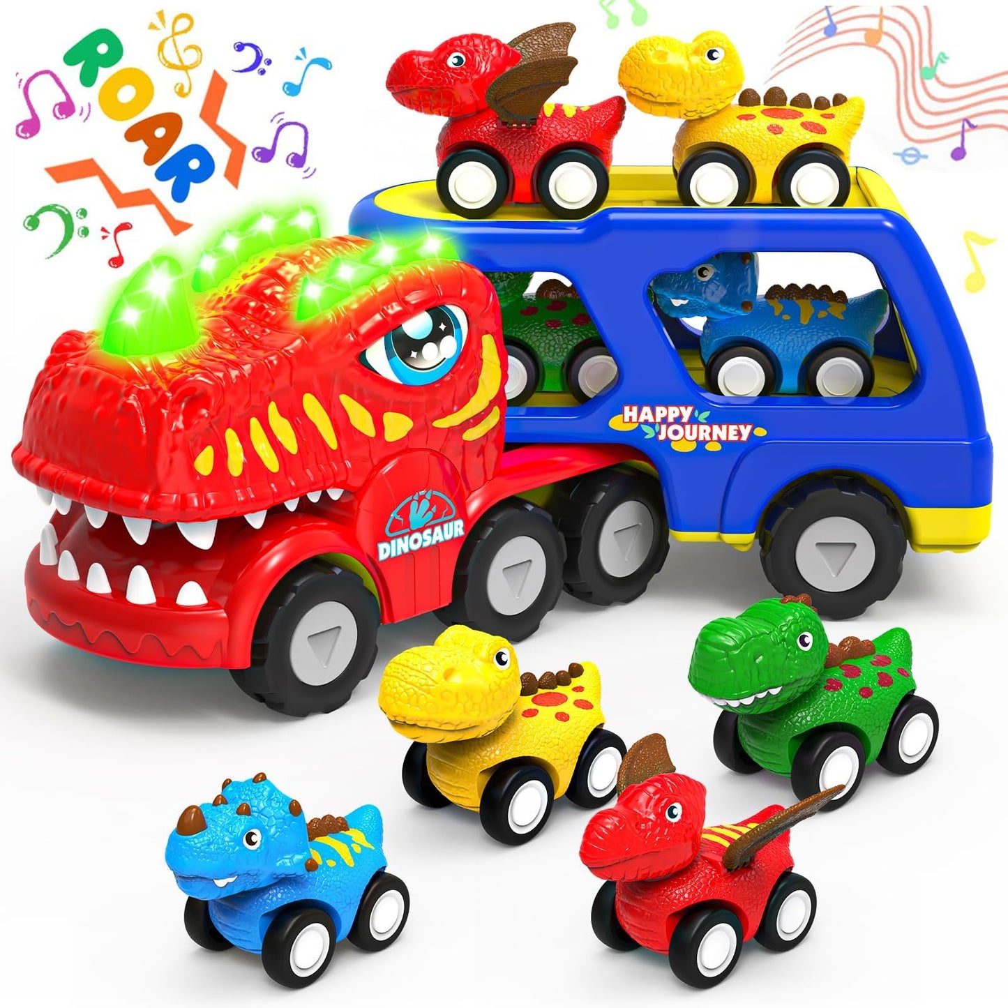 Toddler Car Toys for 1 2 3 4 Year Old Boy Kids Toys 5-in-1 Dinosaur Transport Carrier Trucks Toys for Boys 1-3 with Sounds & Lights Toddler Toys for Boys Age 1-2 2-4 Dinosaur Toys for Kids 3-5 4-6