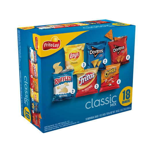 Frito-Lay Snacks Classic Mix Chips Variety Pack, Doritos, Lay's Ruffles, Cheetos, Fritos, 18 Count(Pack of 1) (Assortment May Vary)