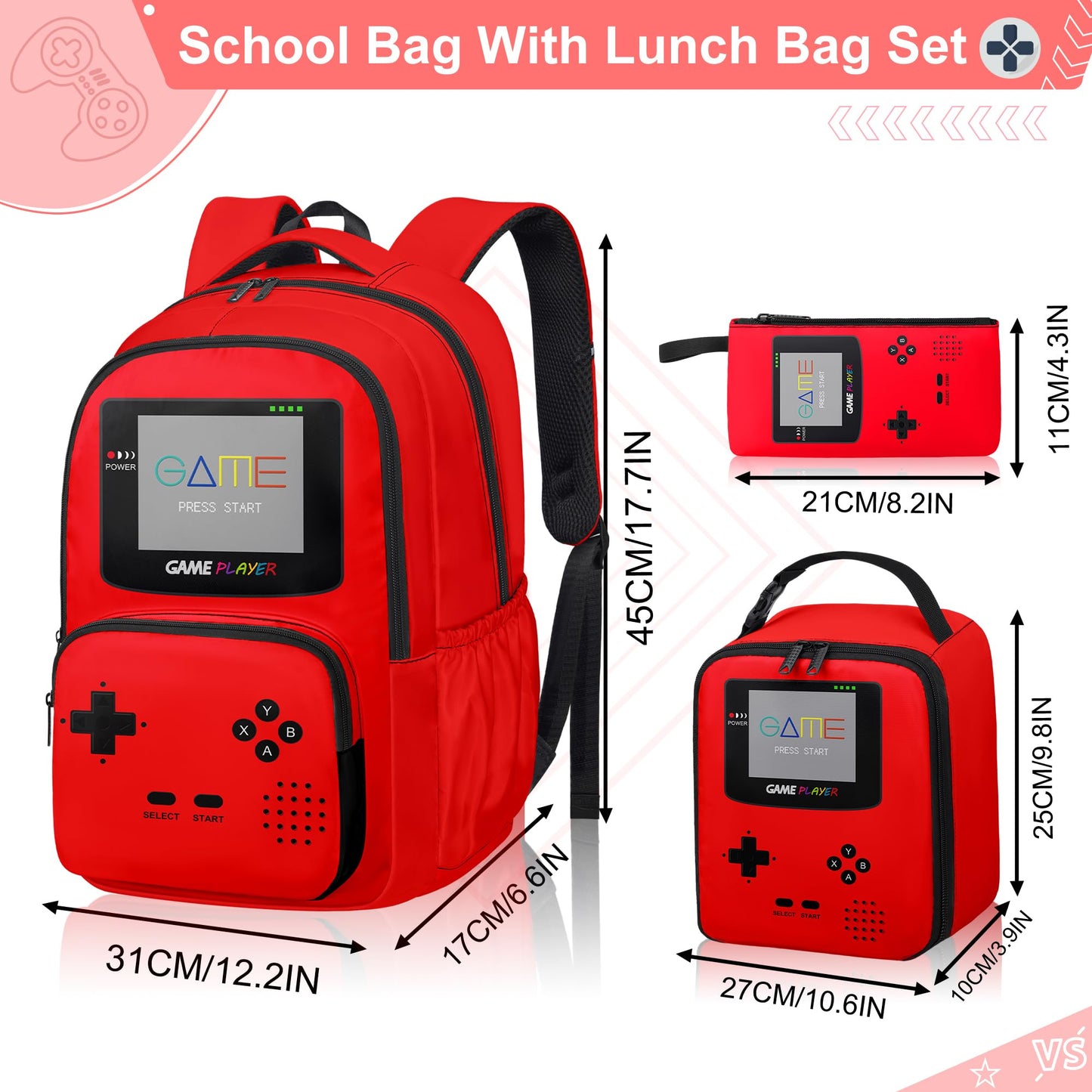 Game Backpack Set for Boys Kids, Gaming Kids Boys Backpack with Lunch Box and Pencil Bag, Large Capacity Game School Bag 17"