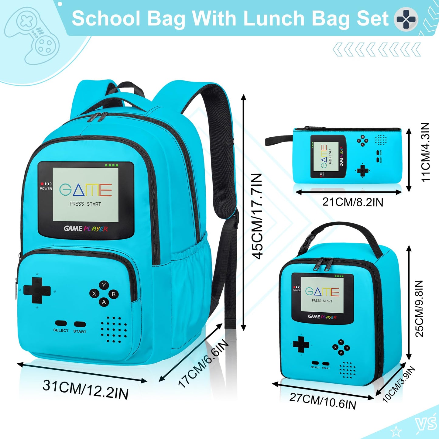 Game Backpack Set for Boys Kids, Gaming Kids Boys Backpack with Lunch Box and Pencil Bag, Large Capacity Game School Bag 17"