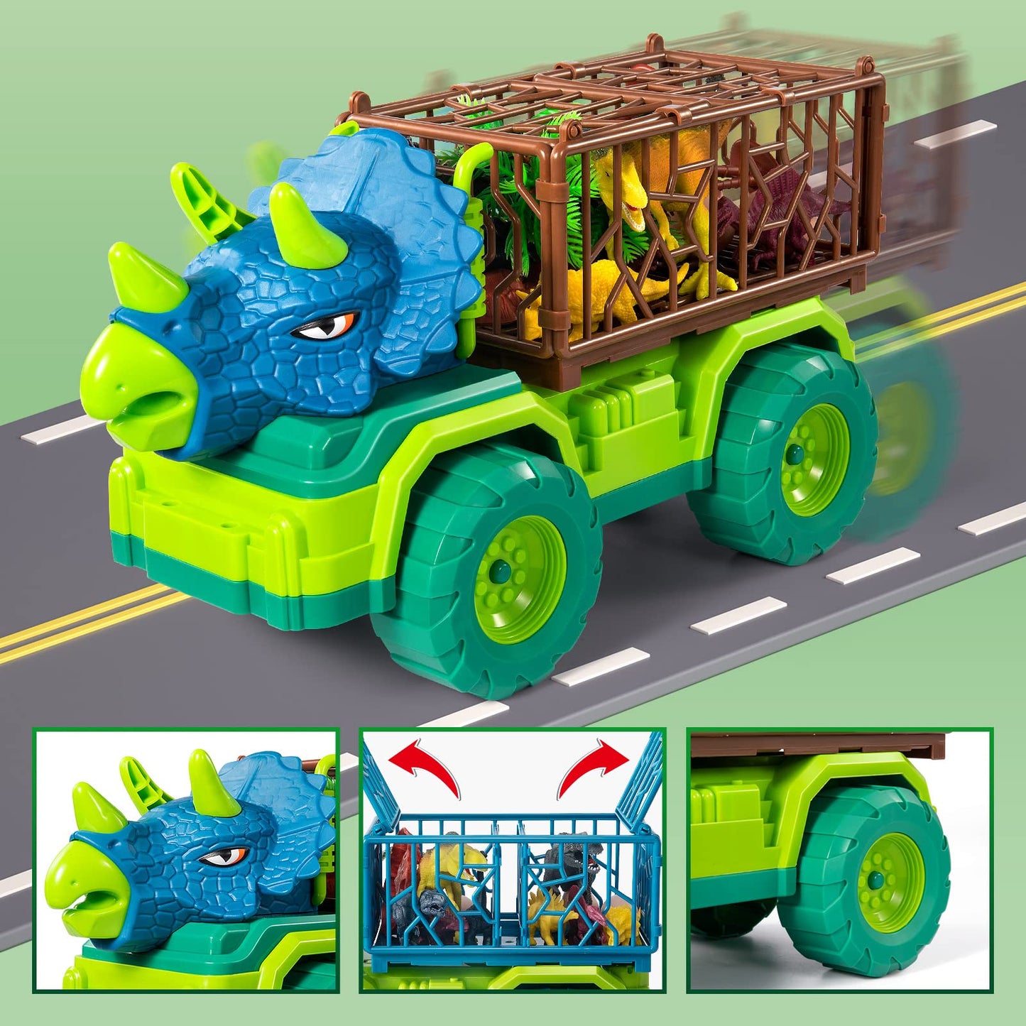 TEMI Dinosaur Truck Toys for Kids 3-5 Years, Tyrannosaurus Transport Car Carrier Truck with 8 Dino Figures, Activity Play Mat, Dinosaur Eggs, Trees, Capture Jurassic Play Set for Boys and Girls