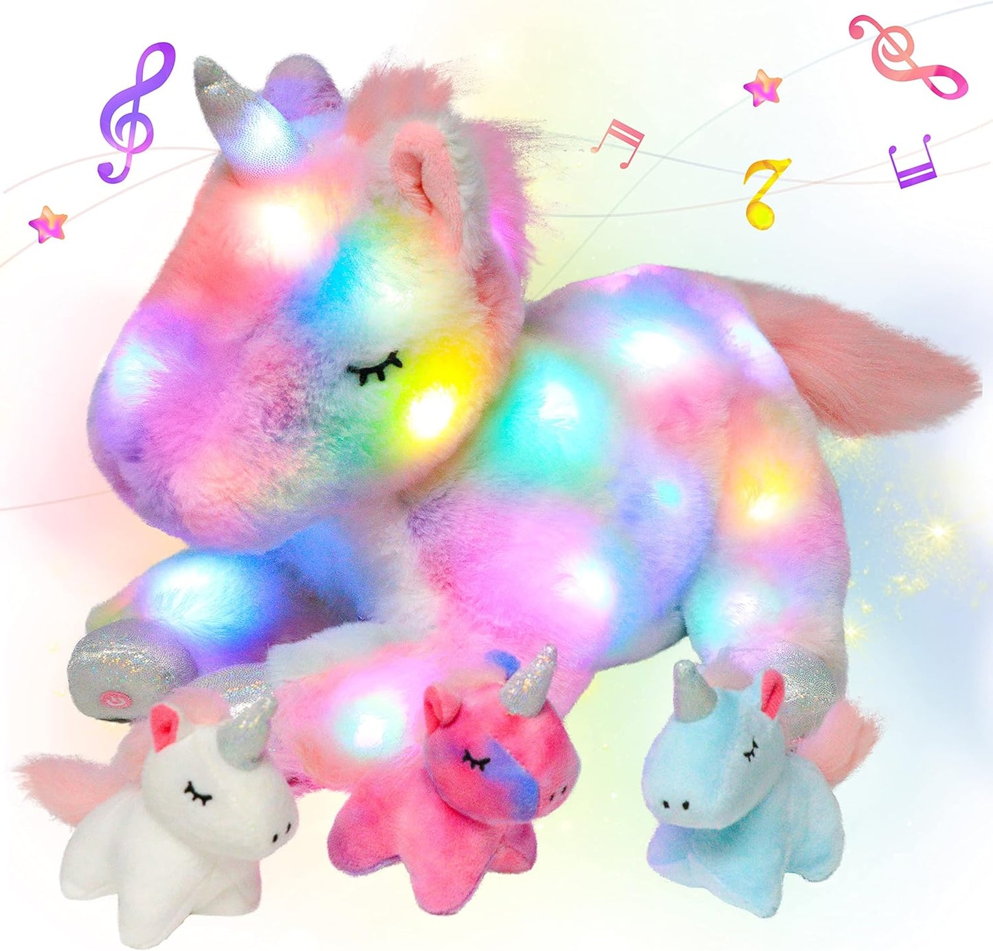 Hopearl LED Musical Stuffed Unicorn Playset Lighting Up Singing Plush Toy Mommy Unicorn with 3 Baby Unicorns in her Tummy Lullaby Animated Soothe for Mom Toddlers Girls, Rainbow, 19''