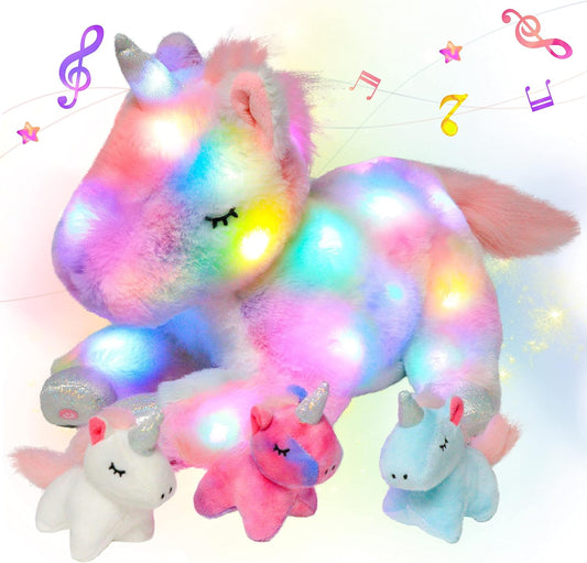 Hopearl LED Musical Stuffed Unicorn Playset Lighting Up Singing Plush Toy Mommy Unicorn with 3 Baby Unicorns in her Tummy Lullaby Animated Soothe for Mom Toddlers Girls, Rainbow, 19''