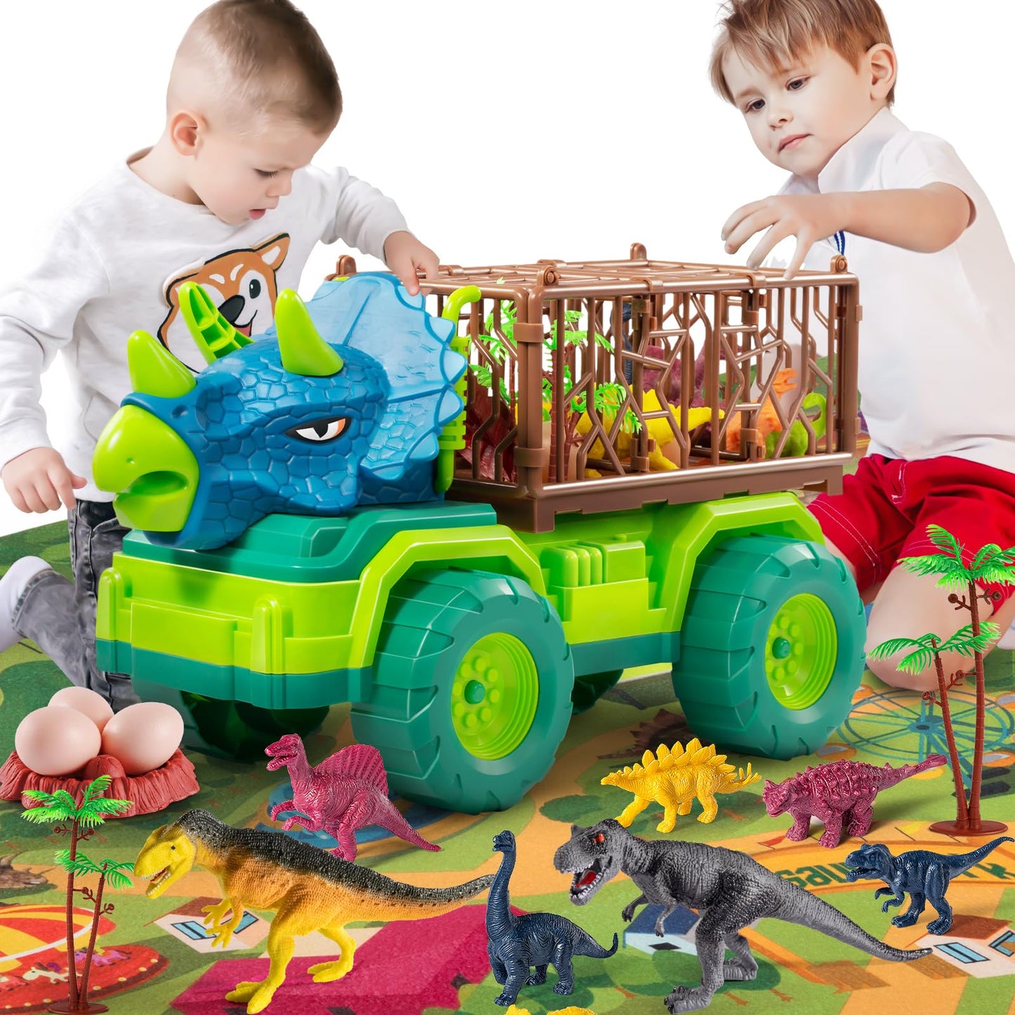 TEMI Dinosaur Truck Toys for Kids 3-5 Years, Tyrannosaurus Transport Car Carrier Truck with 8 Dino Figures, Activity Play Mat, Dinosaur Eggs, Trees, Capture Jurassic Play Set for Boys and Girls