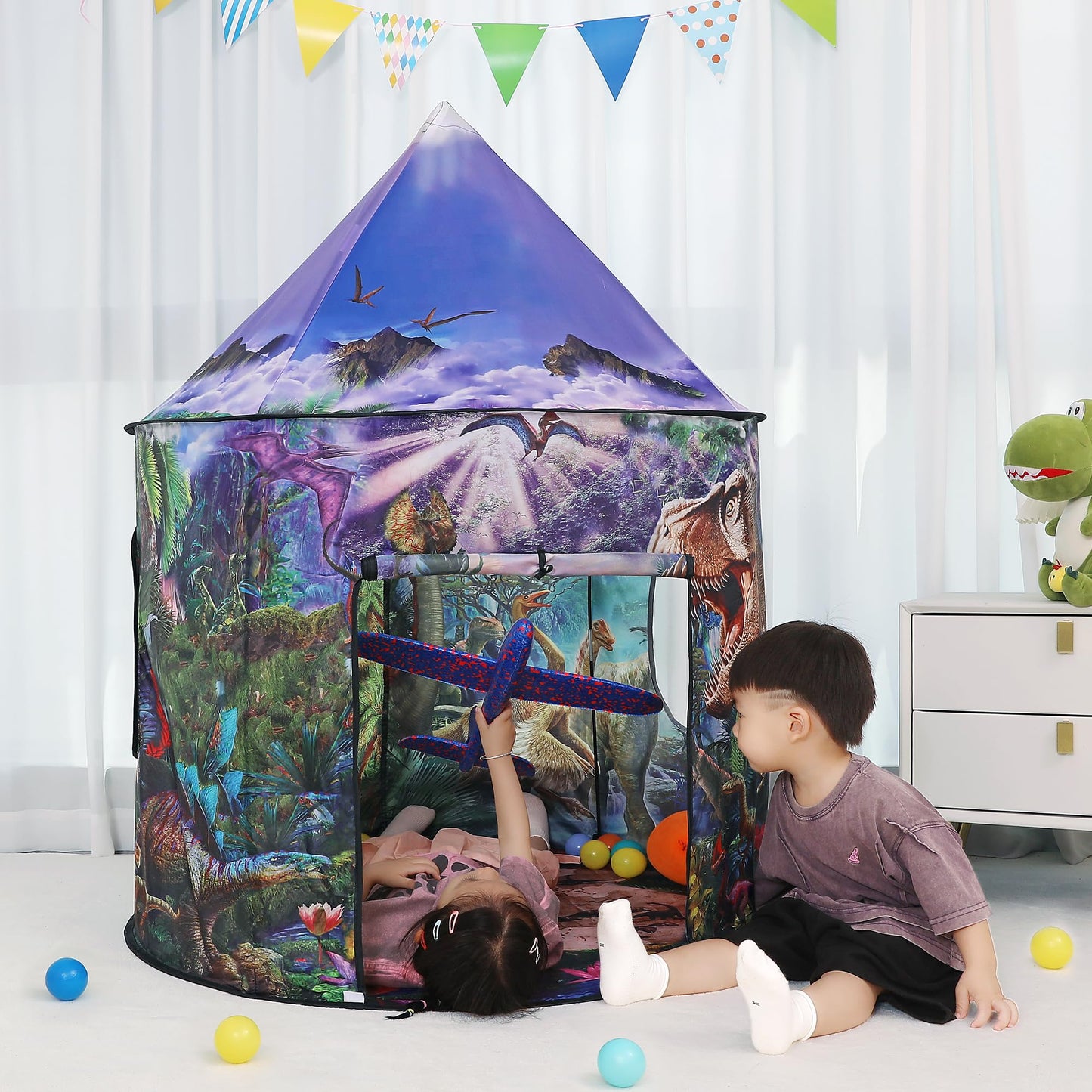 LimitlessFunN Dinosaur Pop Up Kids Play Tent | includes Star Lights & Carrying Case |, Children Indoor Castle Playhouse for Boys, Toddlers, 41" D x 41" W x 53" H