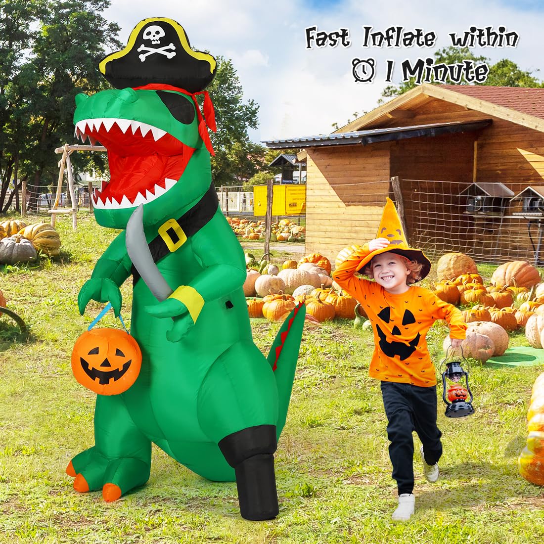 GOOSH 7 FT Halloween Inflatables Dinosaur Outdoor Decorations Blow Up Yard Pirate Dinosaur with Pumpkin Decoration with Built-in LEDs for Indoor Party Garden Lawn Decor