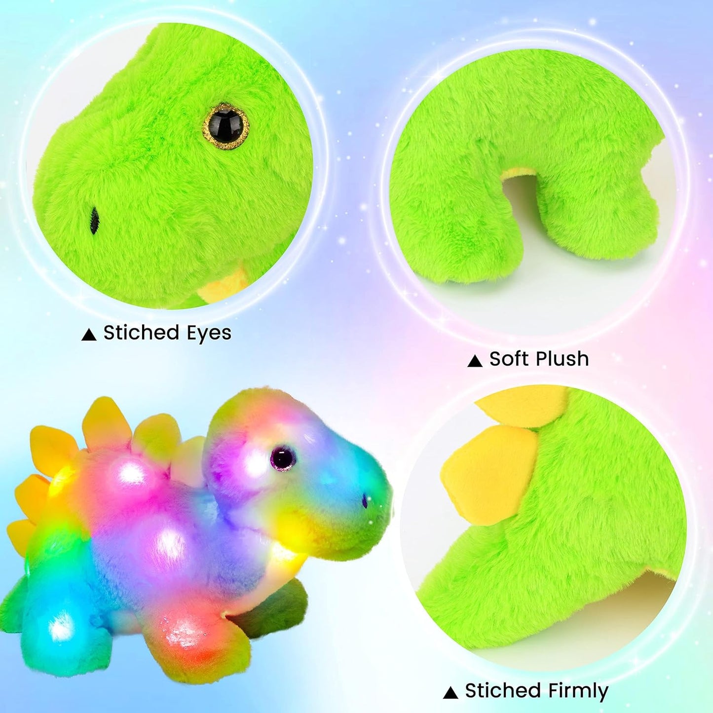 Hopearl LED Plush Dinosaur Lighting Up Stegosaurus Stuffed Animal with Brilliant Night Lights Glow in The Dark Birthday Gifts for Kids Toddler Girls, Green, 14''