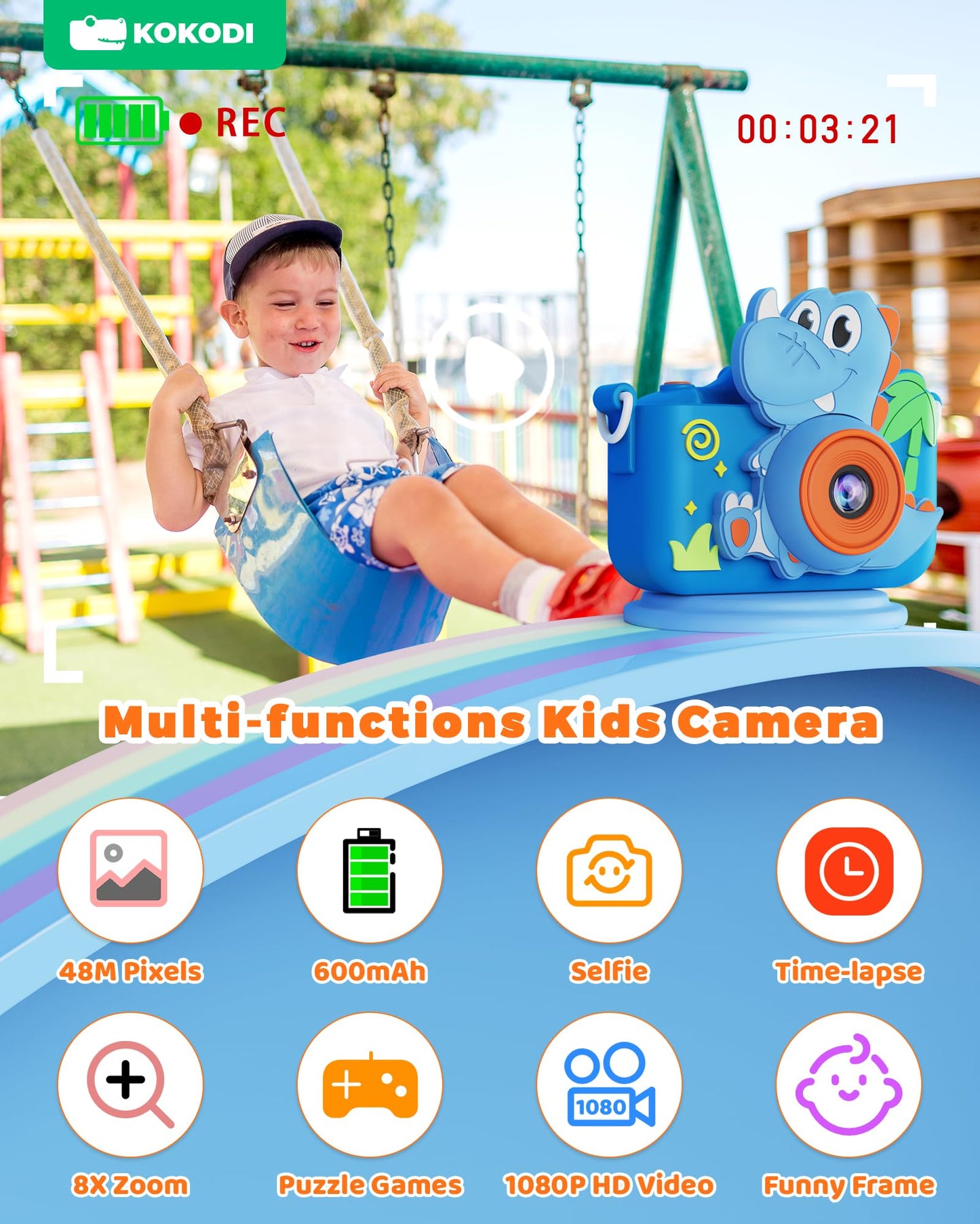 KOKODI Kids Camera Toy Digital Camera for Kids, Dinosaurs Birthday Gifts for Boys Age 3-12, 1080P HD Video Camera for Toddler, Children Toys for 3 4 5 6 7 8 9 Year Old Boys with 32GB SD Card