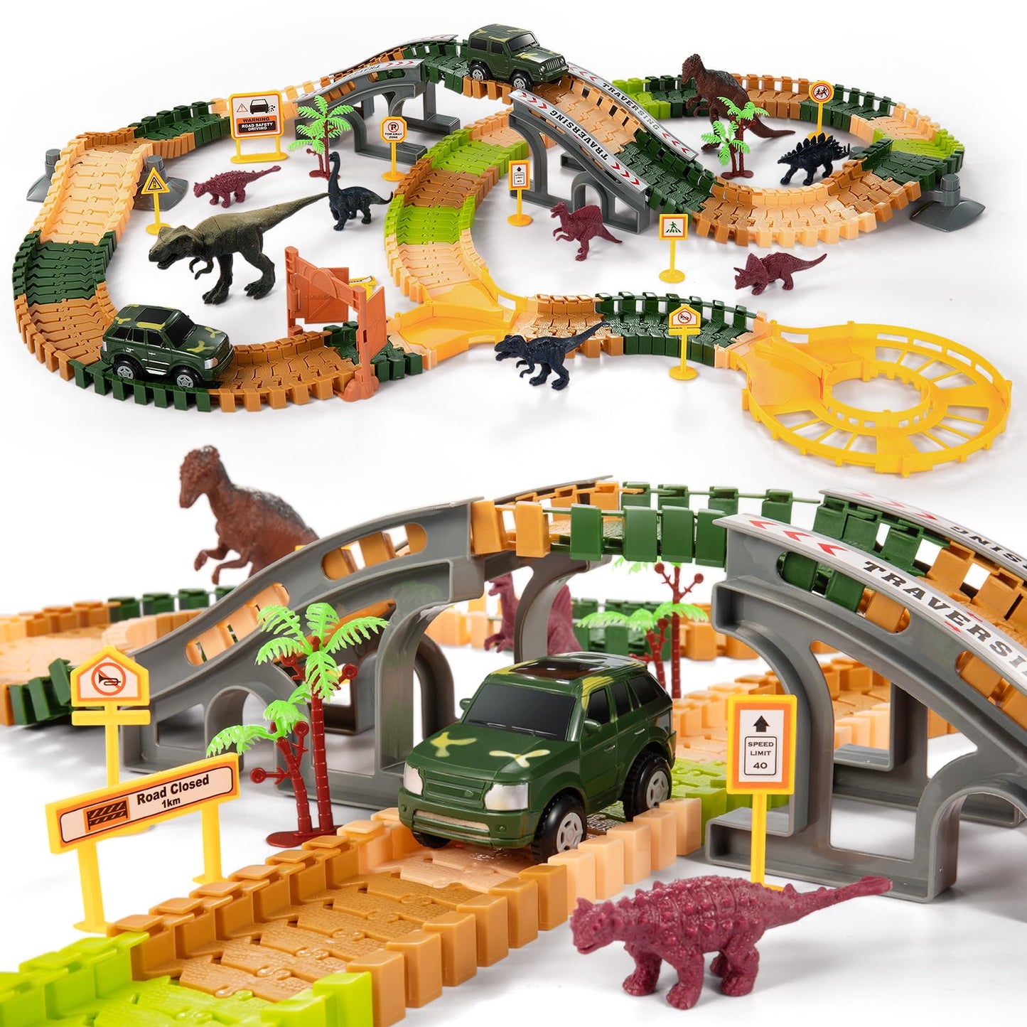 TEMI 348PCS Dinosaur Train Toys for Kids 3 4 5 6 7 Years, Longer Track, 6 Realistic Jurassic Dino Figures, 2 Electric Toy Cars, Twisted Flexible Train Track Set for Toddlers, Boys & Girls