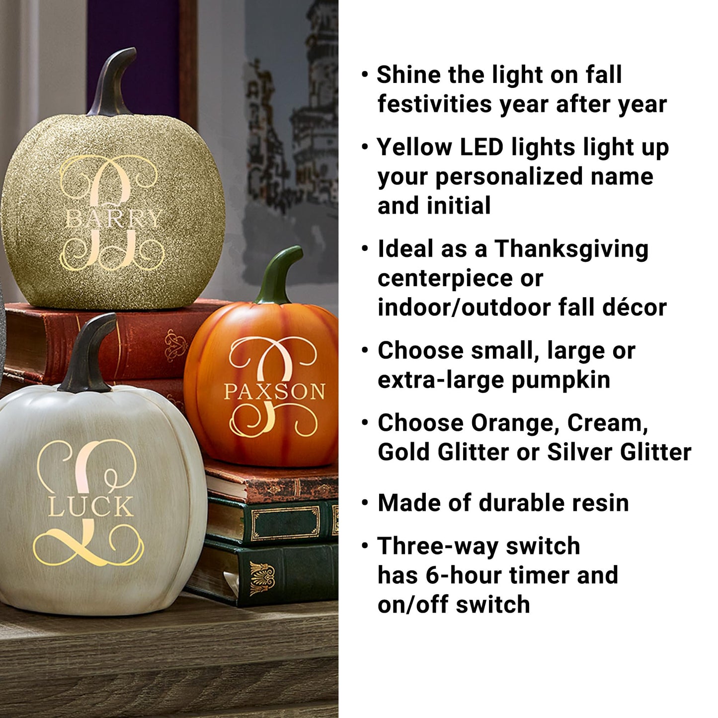 Let's Make Memories Personalized Light Up Pumpkin Decor Outdoor - Your Name & Initial on a Custom Pumpkin - Halloween Fall Decoration - Jack o Lantern - Outside or Inside - Large - Silver Glitter