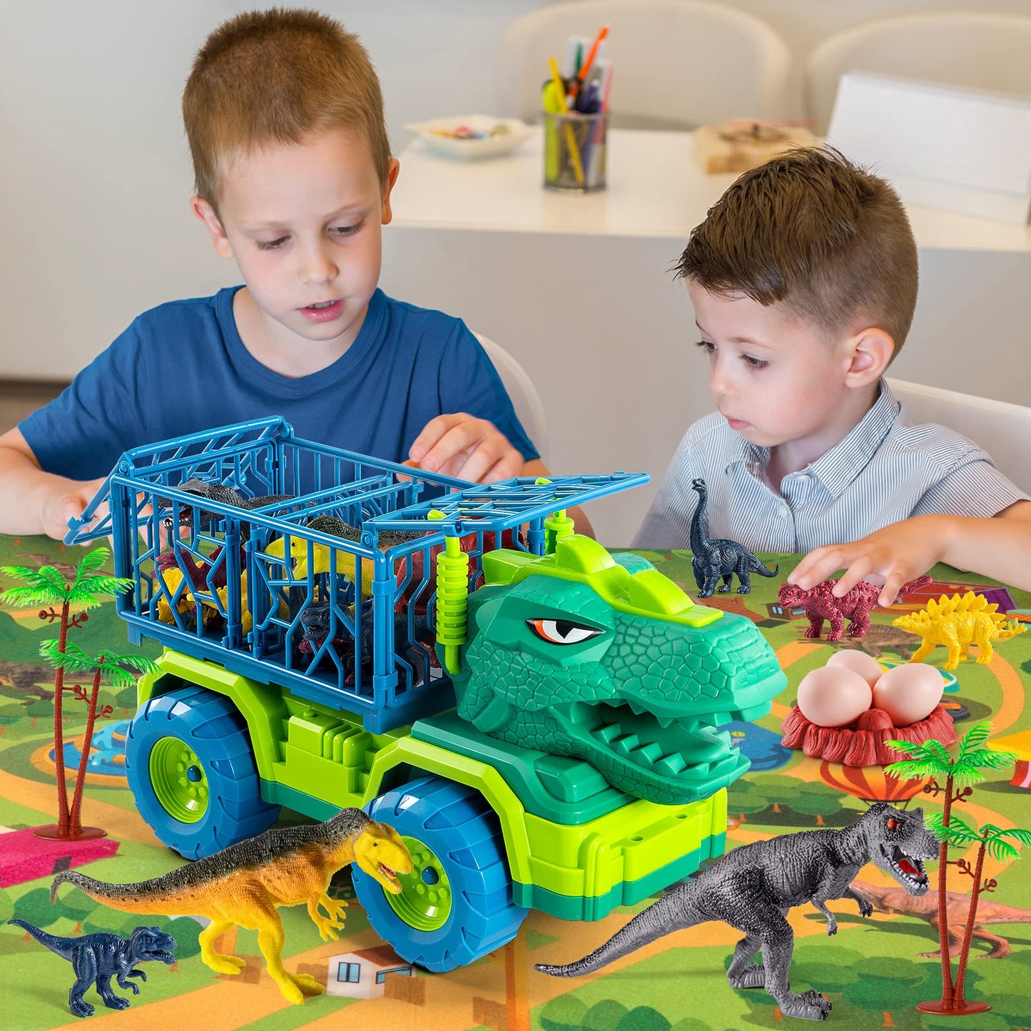 TEMI Dinosaur Truck Toys for Kids 3-5 Years, Tyrannosaurus Transport Car Carrier Truck with 8 Dino Figures, Activity Play Mat, Dinosaur Eggs, Trees, Capture Jurassic Play Set for Boys and Girls