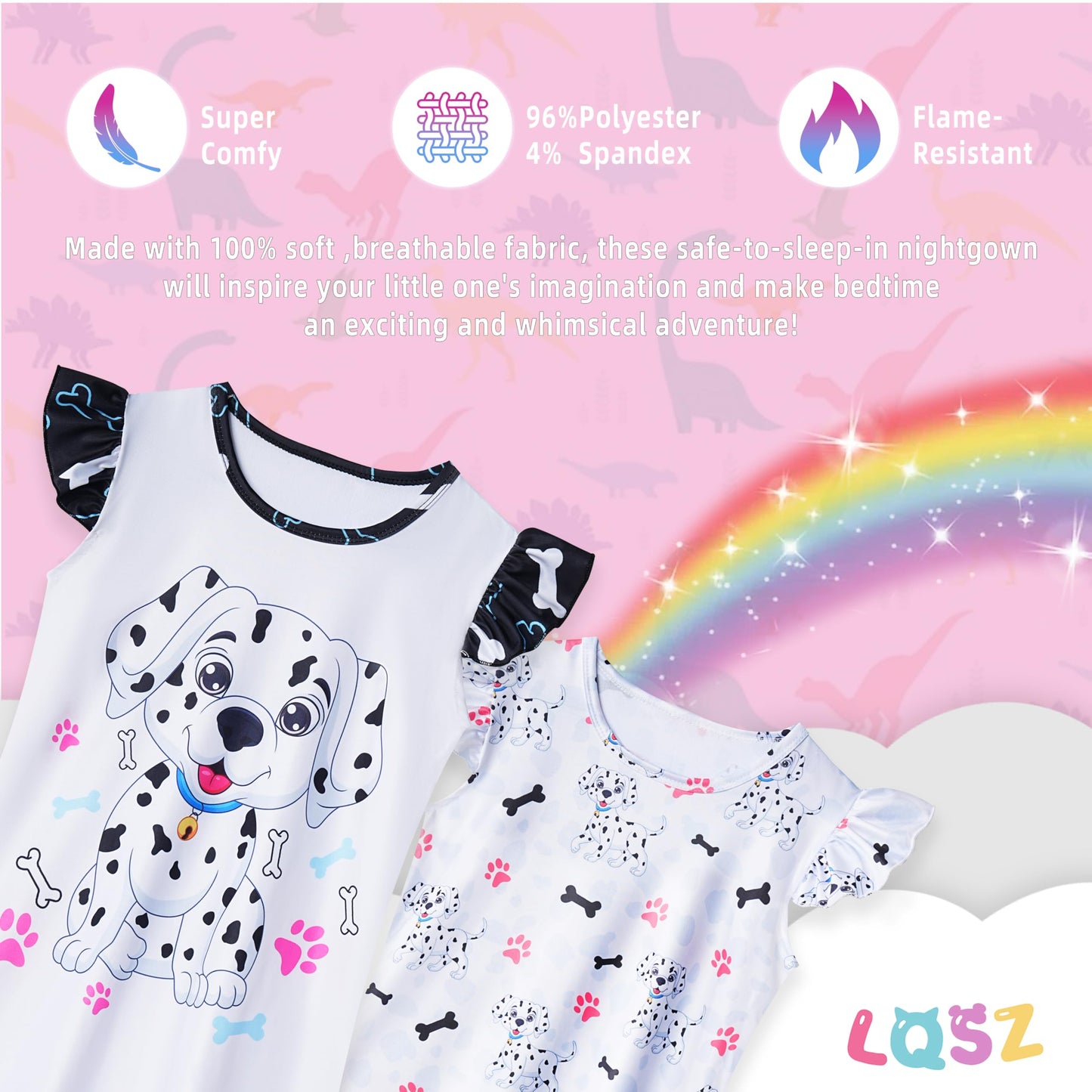 LQSZ 2Pcs Girls Nightgowns 3-10 Years Flutter Short Sleeves Nightdress Nightie Dress Sleepwear Pajamas for Little Girls