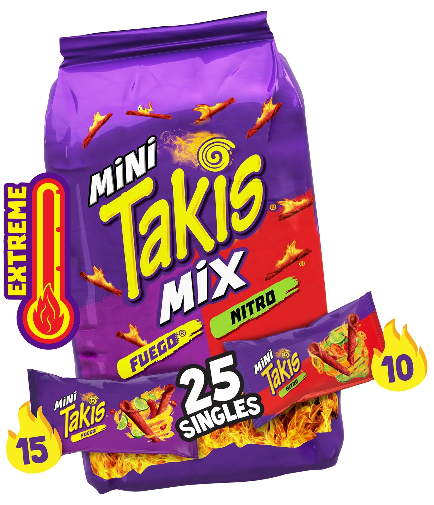 Takis Fuego Mini 25 pc / 1.23 oz Bite Size Multipack, Hot Chili Pepper & Lime Flavored Extreme Spicy Rolled Tortilla Chips