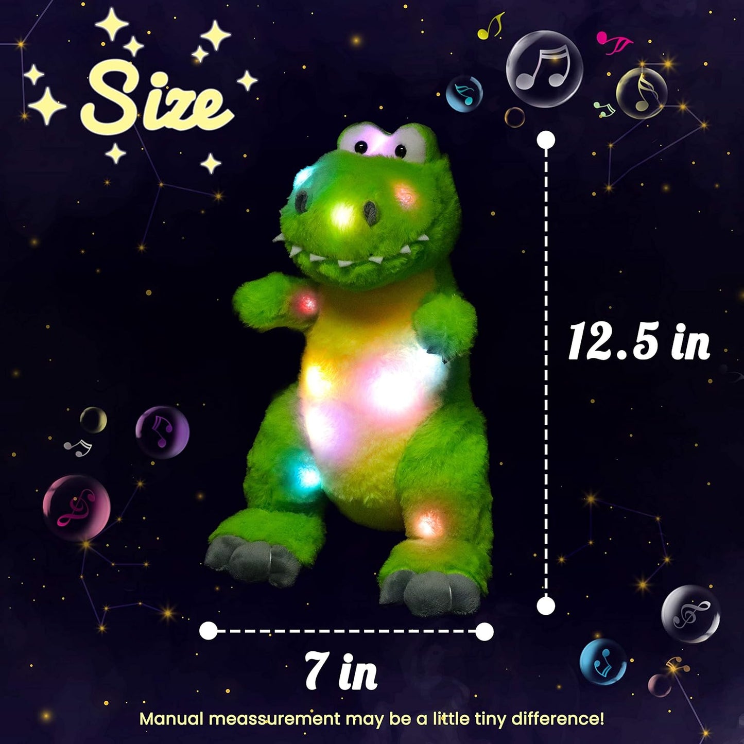 Hopearl LED Musical T-Rex Stuffed Dinosaur Lighting Up Singing Plush Toy Adjustable Volume Lullaby Animated Soothe Birthday Festival for Kids Toddler Girls, Green, 12.5''