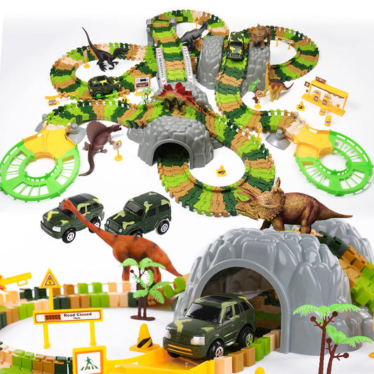 TEMI 348PCS Dinosaur Train Toys for Kids 3 4 5 6 7 Years, Longer Track, 6 Realistic Jurassic Dino Figures, 2 Electric Toy Cars, Twisted Flexible Train Track Set for Toddlers, Boys & Girls