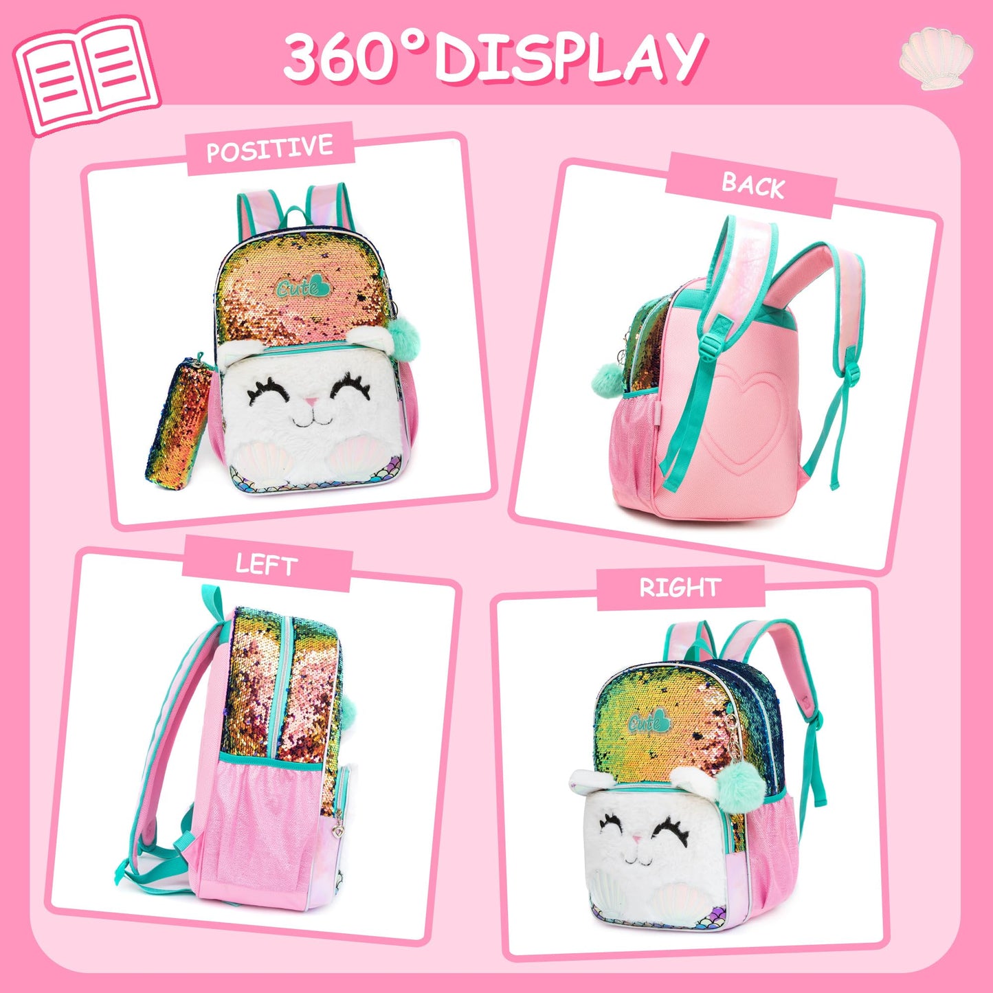 Meetbelify Backpacks for Girls,Kids School Backpacks with Lunch Box for Elementary Preschool Students Cute Panda Sequin Travel Backpack 3 in 1 Bookbag Set for Girls