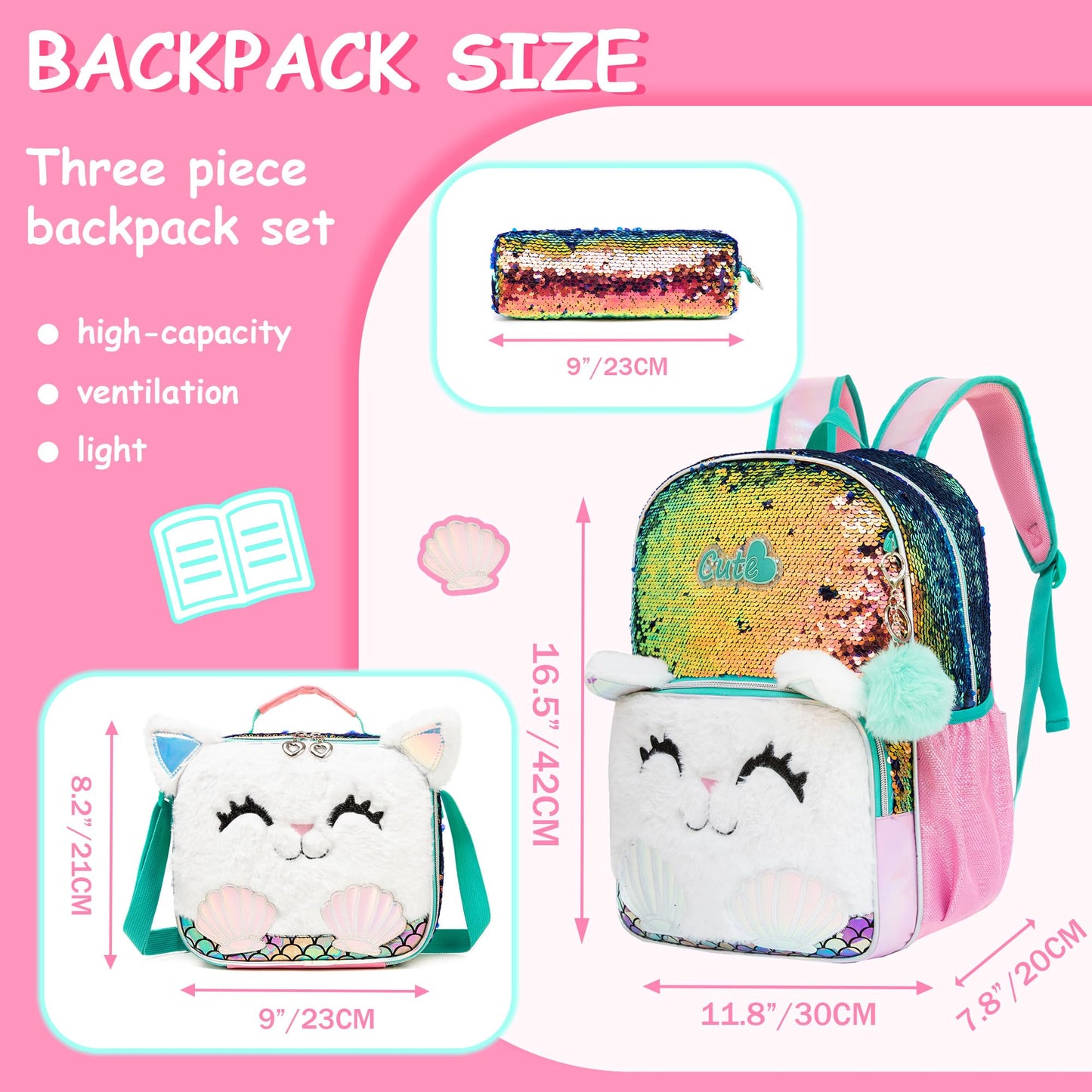 Meetbelify Backpacks for Girls,Kids School Backpacks with Lunch Box for Elementary Preschool Students Cute Panda Sequin Travel Backpack 3 in 1 Bookbag Set for Girls