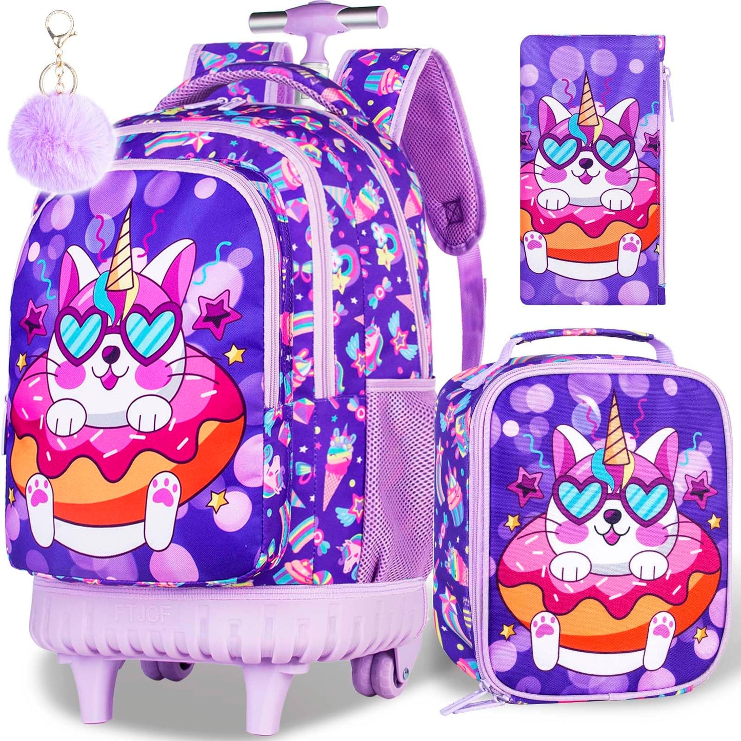 gxtvo 3PCS Unicorn Rolling Backpack for Girls,Cute Kids School Bag with Wheels,Water Resistant Roller Bookbag Set for Elementary Preschool - Pink