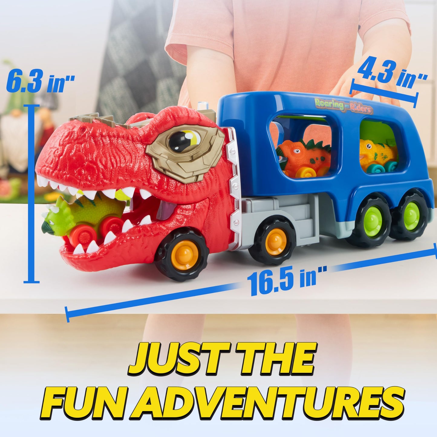 JOYIN Dinosaur Truck Toys for Kids, Kids Toys Boys Age 3 4 5, Dinosaur Car Carrier Truck Toy with 6 Rubber Car Vehicles, Toddler Birthday Gifts with Music & Lights for 3 4 5 Year Old Boys