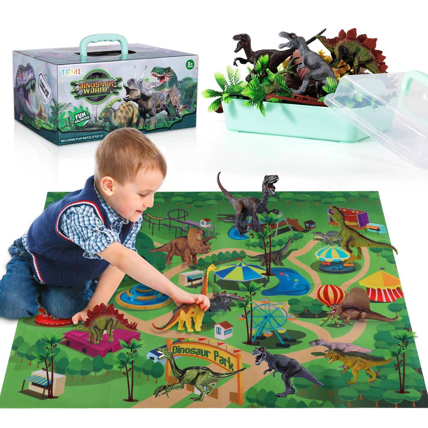 TEMI Dinosaur Truck Toys for Kids 3-5 Years, Tyrannosaurus Transport Car Carrier Truck with 8 Dino Figures, Activity Play Mat, Dinosaur Eggs, Trees, Capture Jurassic Play Set for Boys and Girls