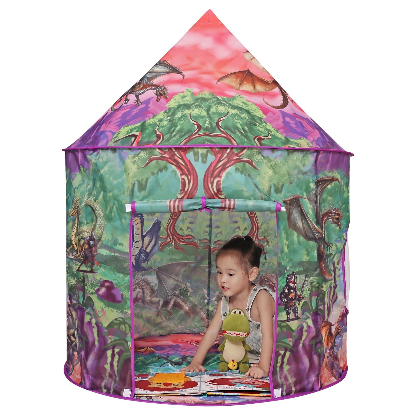 LimitlessFunN Dinosaur Pop Up Kids Play Tent | includes Star Lights & Carrying Case |, Children Indoor Castle Playhouse for Boys, Toddlers, 41" D x 41" W x 53" H