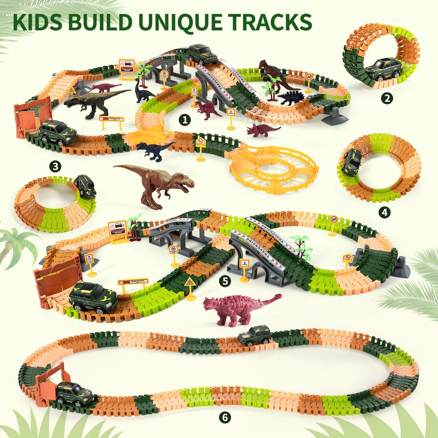 TEMI 348PCS Dinosaur Train Toys for Kids 3 4 5 6 7 Years, Longer Track, 6 Realistic Jurassic Dino Figures, 2 Electric Toy Cars, Twisted Flexible Train Track Set for Toddlers, Boys & Girls