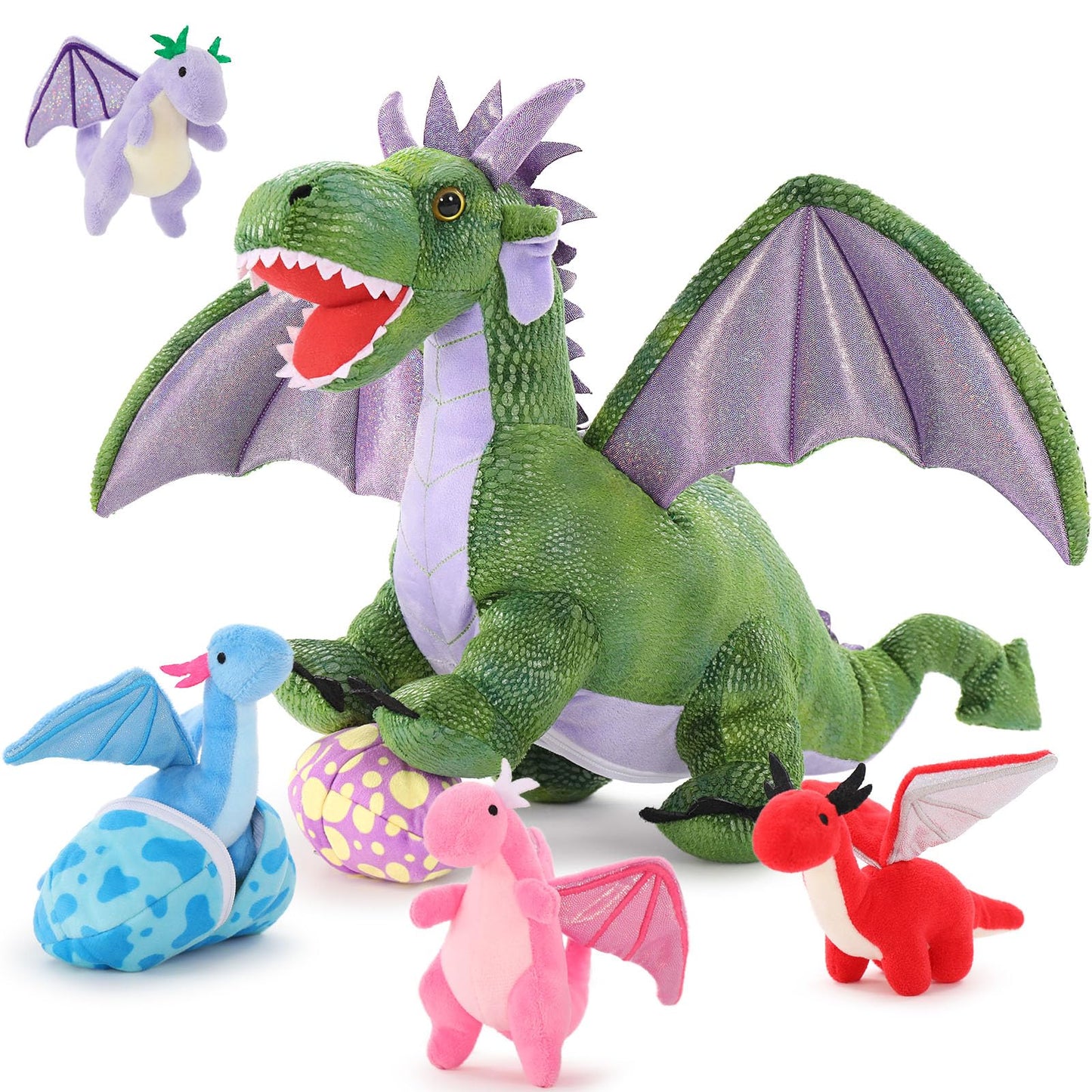 MaoGoLan 4 Pcs Dinosaur Stuffed Animals for Girls,Purple Stuffed Dinosaurs Plush Toys Set for Toddlers, Mummy Dinosaur with 3 Baby Triceratops Plushies, for Kids