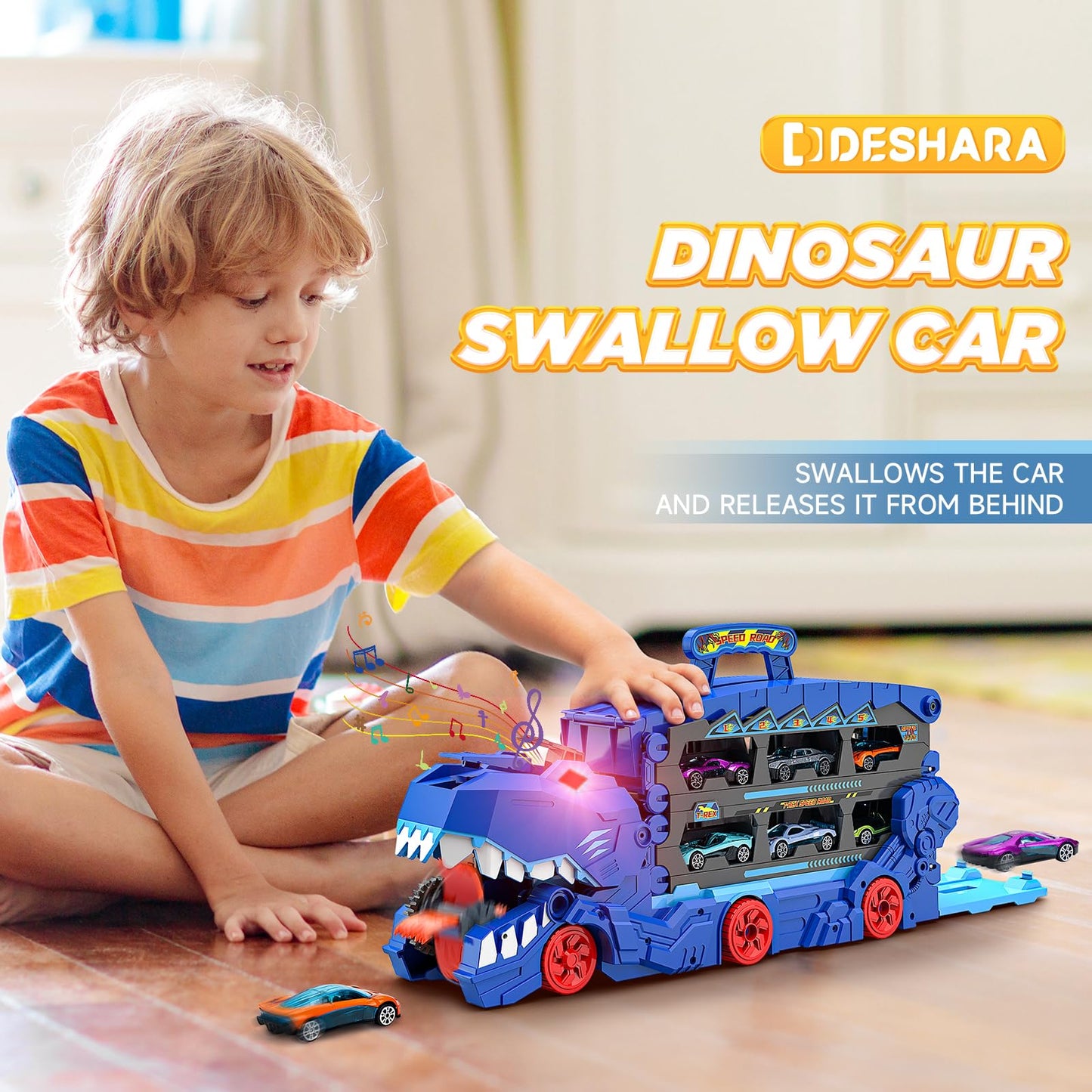 Dinosaur Toys for Kids, Dinosaur Truck with Light and Sounds, 73 Inch Dual Race Track, 6 Metal Racing Cars, Car Carrier Truck Toys, Birthday Gifts Toys for Toddlers Boys 3 4 5 7 8 Year Old