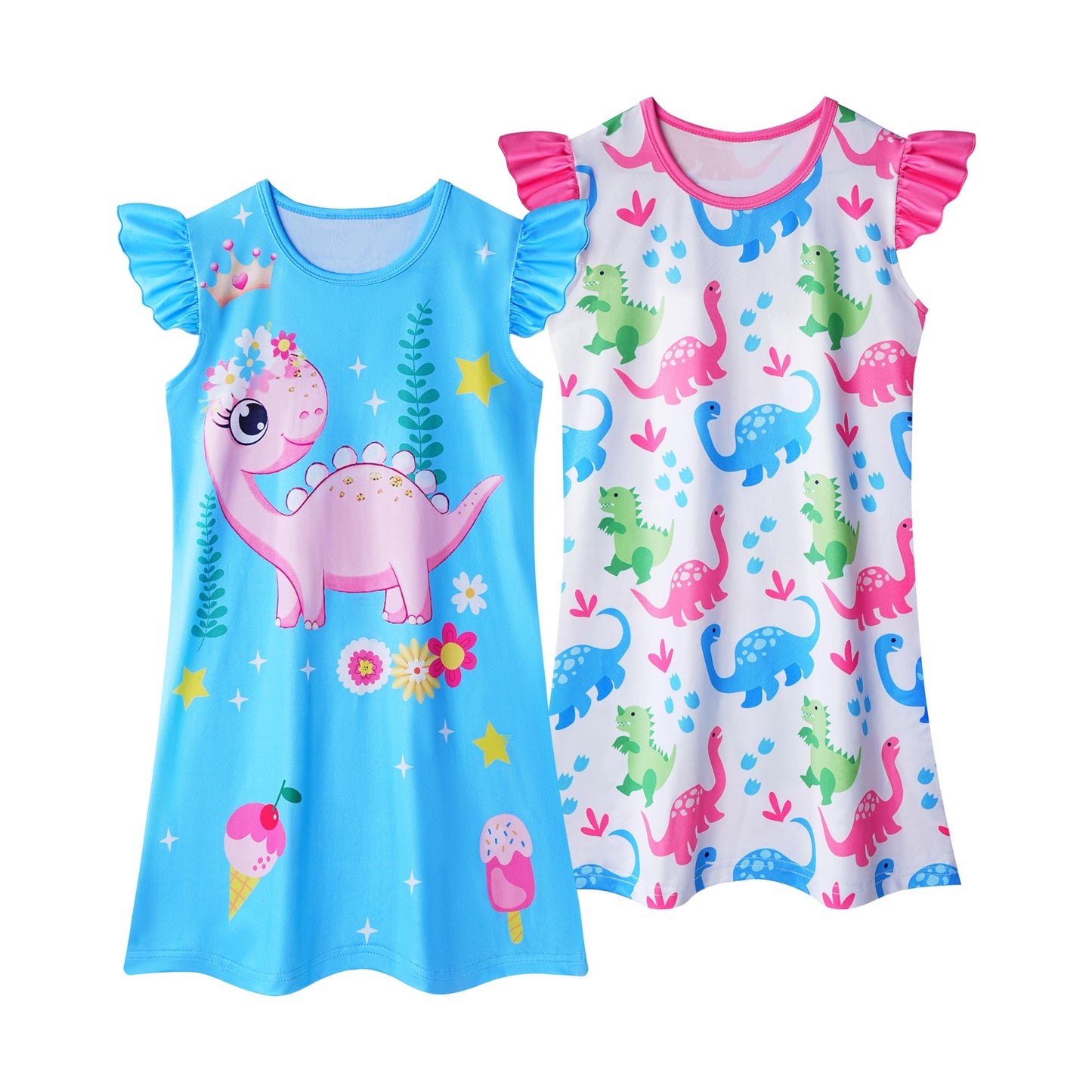 LQSZ 2Pcs Girls Nightgowns 3-10 Years Flutter Short Sleeves Nightdress Nightie Dress Sleepwear Pajamas for Little Girls