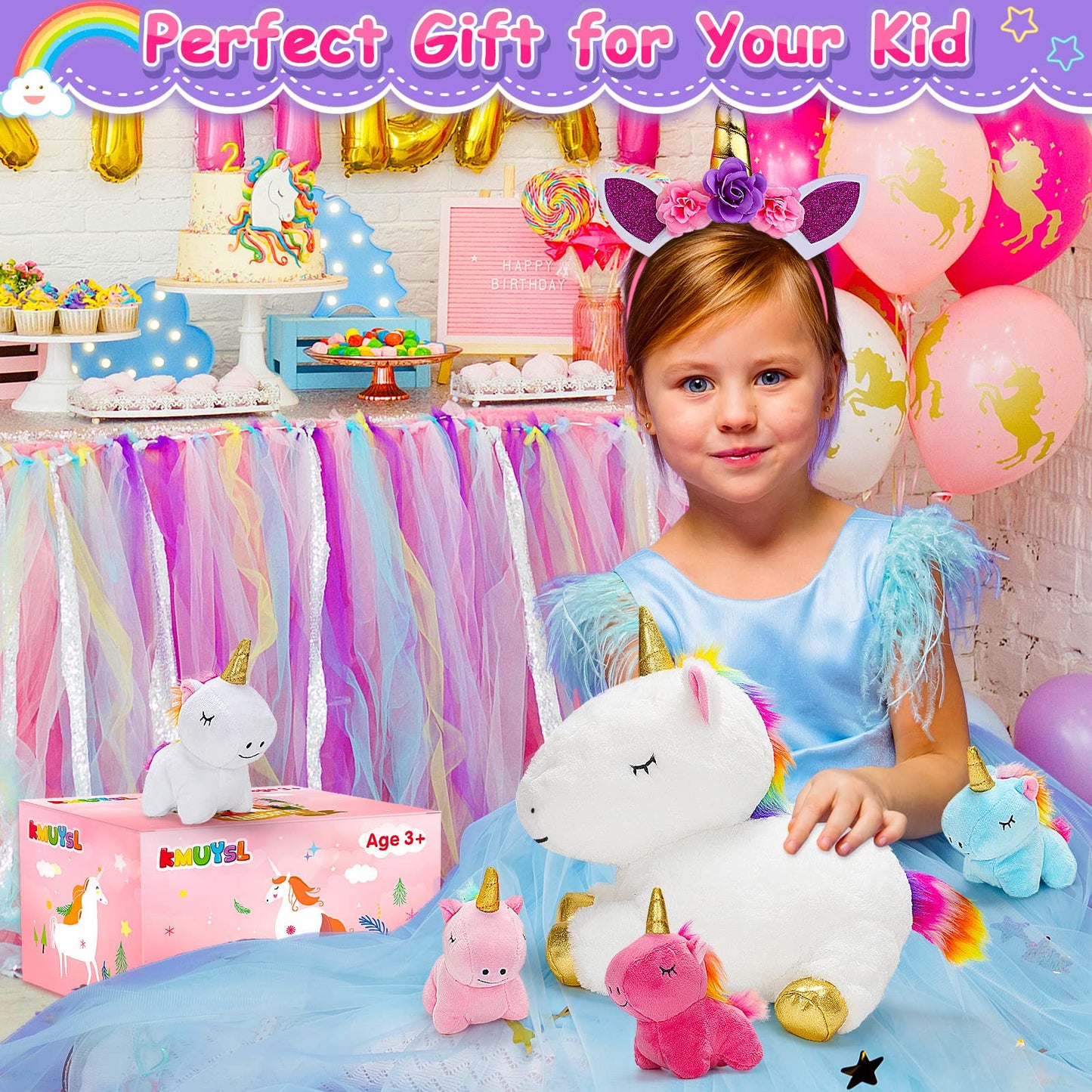 KMUYSL Toys for Girls Ages 3 4 5 6 7 8+ Years - Unicorn Mommy Stuffed Animal with 4 Baby Unicorns in Her Tummy, Soft Unicorn Plush Toys Set, Christmas Birthday Gifts for Baby, Toddler, Kids