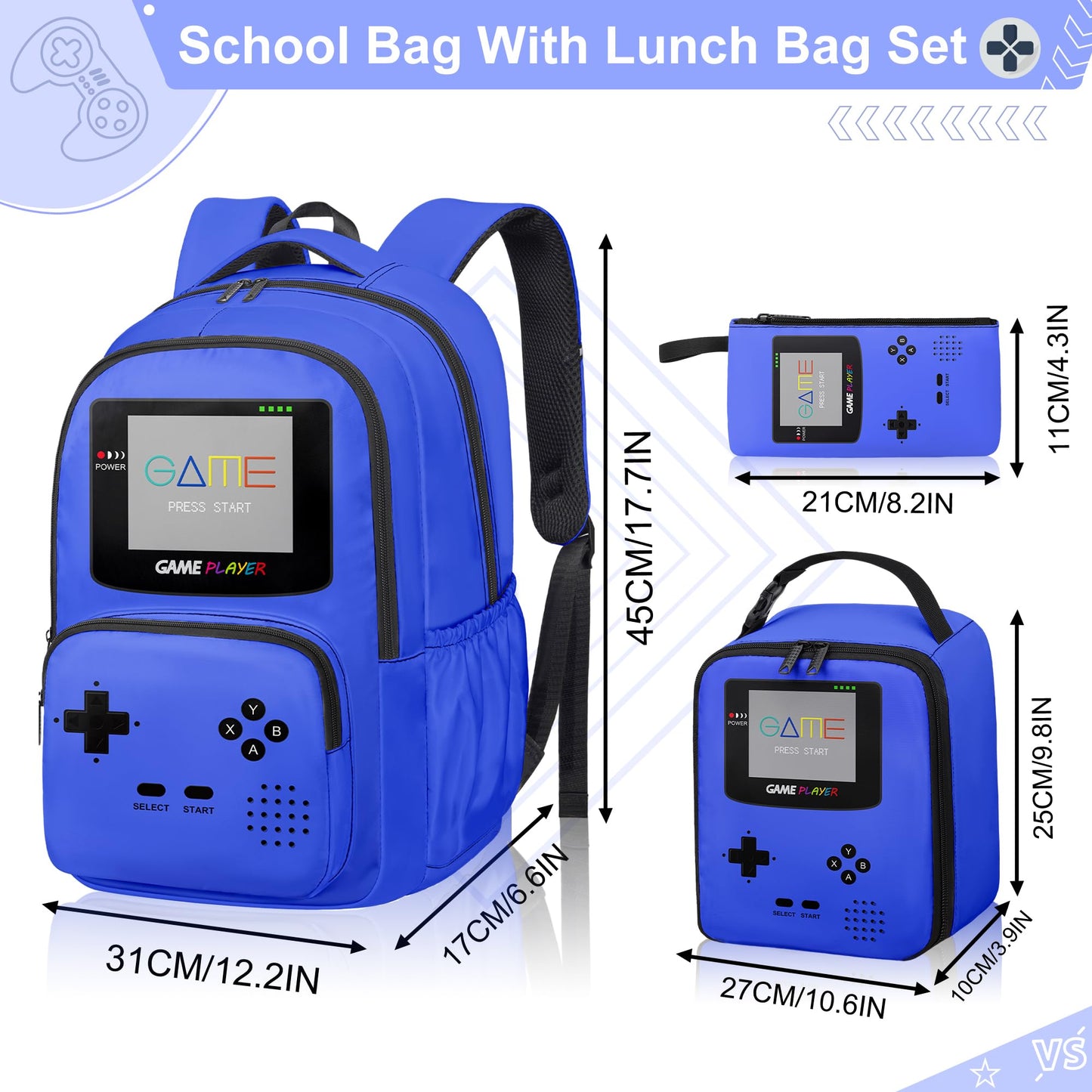 Game Backpack Set for Boys Kids, Gaming Kids Boys Backpack with Lunch Box and Pencil Bag, Large Capacity Game School Bag 17"