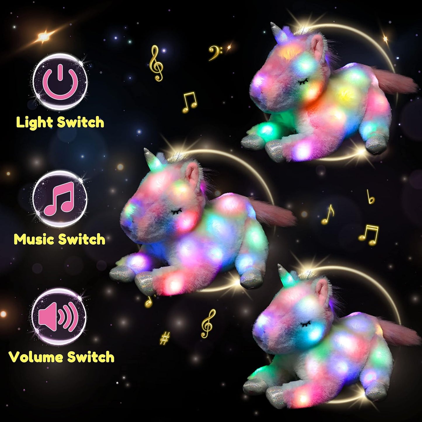 Hopearl LED Musical Stuffed Unicorn Playset Lighting Up Singing Plush Toy Mommy Unicorn with 3 Baby Unicorns in her Tummy Lullaby Animated Soothe for Mom Toddlers Girls, Rainbow, 19''