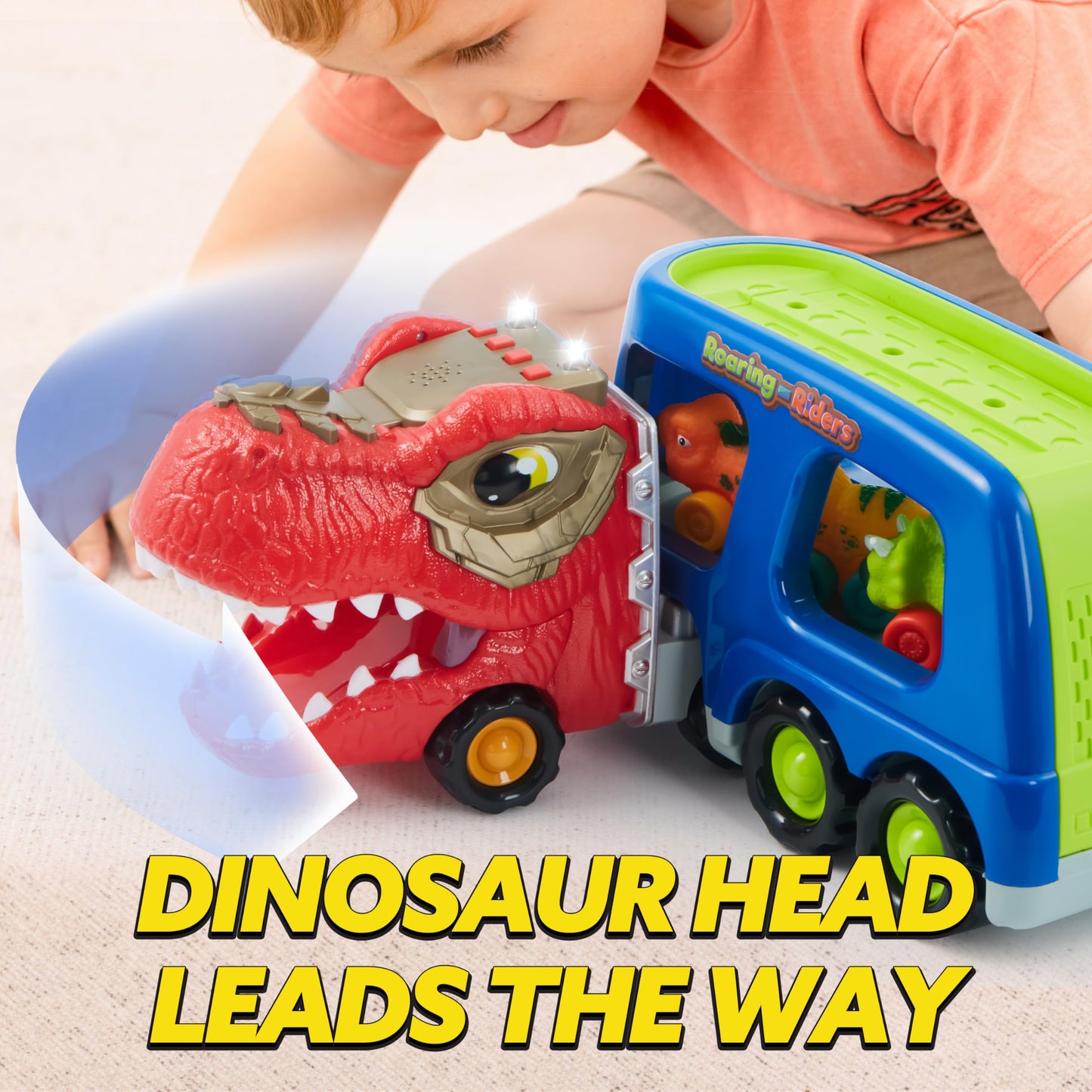 JOYIN Dinosaur Truck Toys for Kids, Kids Toys Boys Age 3 4 5, Dinosaur Car Carrier Truck Toy with 6 Rubber Car Vehicles, Toddler Birthday Gifts with Music & Lights for 3 4 5 Year Old Boys