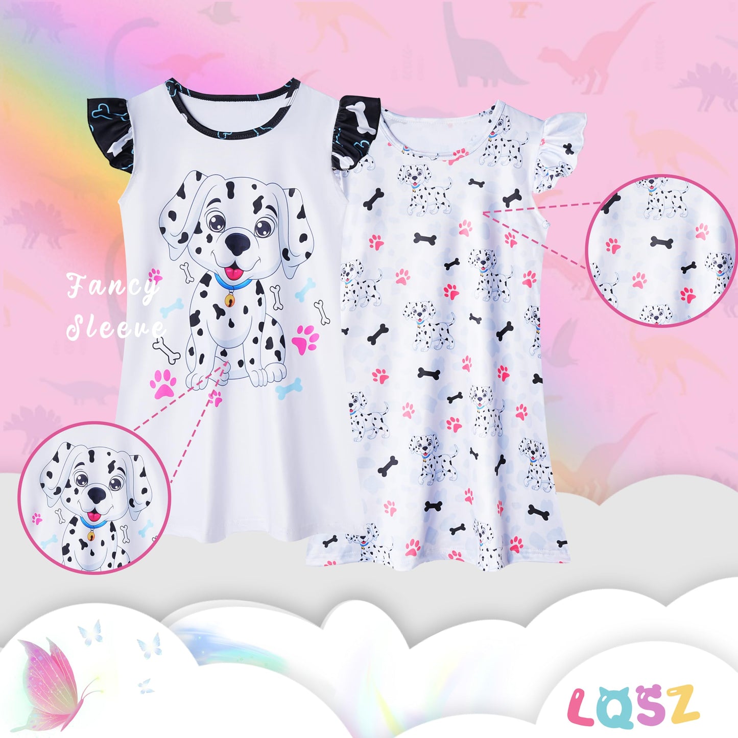 LQSZ 2Pcs Girls Nightgowns 3-10 Years Flutter Short Sleeves Nightdress Nightie Dress Sleepwear Pajamas for Little Girls