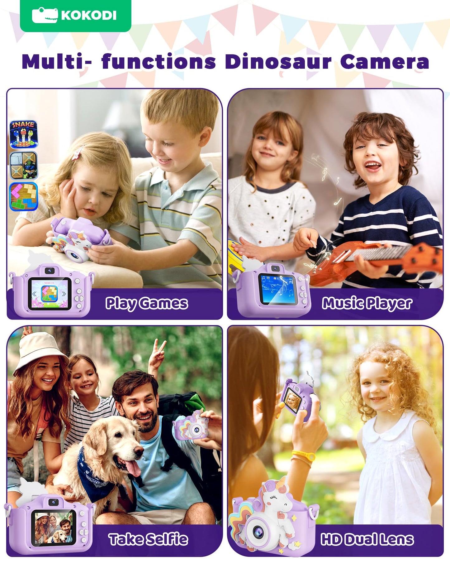 KOKODI Kids Camera Toy Digital Camera for Kids, Dinosaurs Birthday Gifts for Boys Age 3-12, 1080P HD Video Camera for Toddler, Children Toys for 3 4 5 6 7 8 9 Year Old Boys with 32GB SD Card