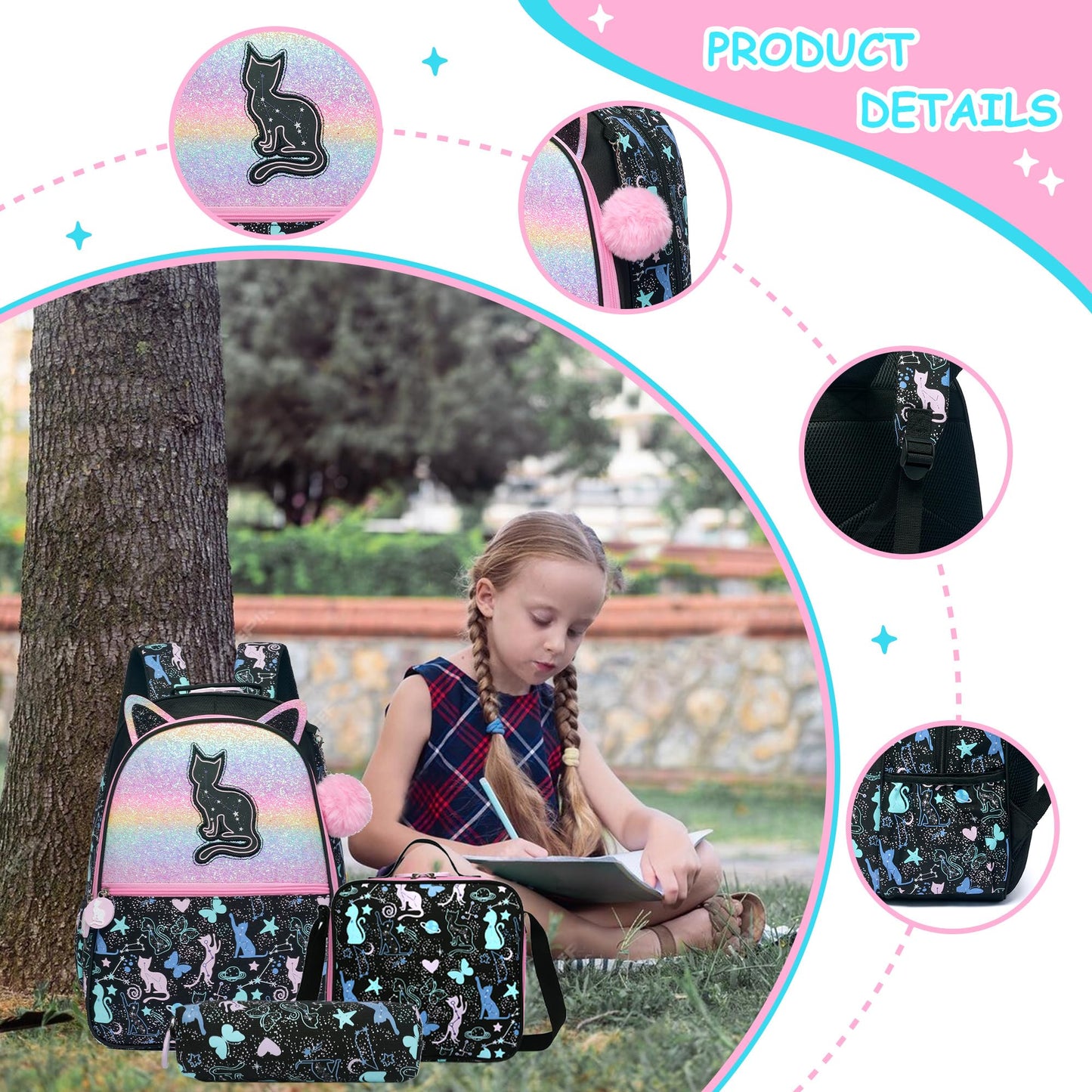 Meetbelify Backpacks for Girls,Kids School Backpacks with Lunch Box for Elementary Preschool Students Cute Panda Sequin Travel Backpack 3 in 1 Bookbag Set for Girls