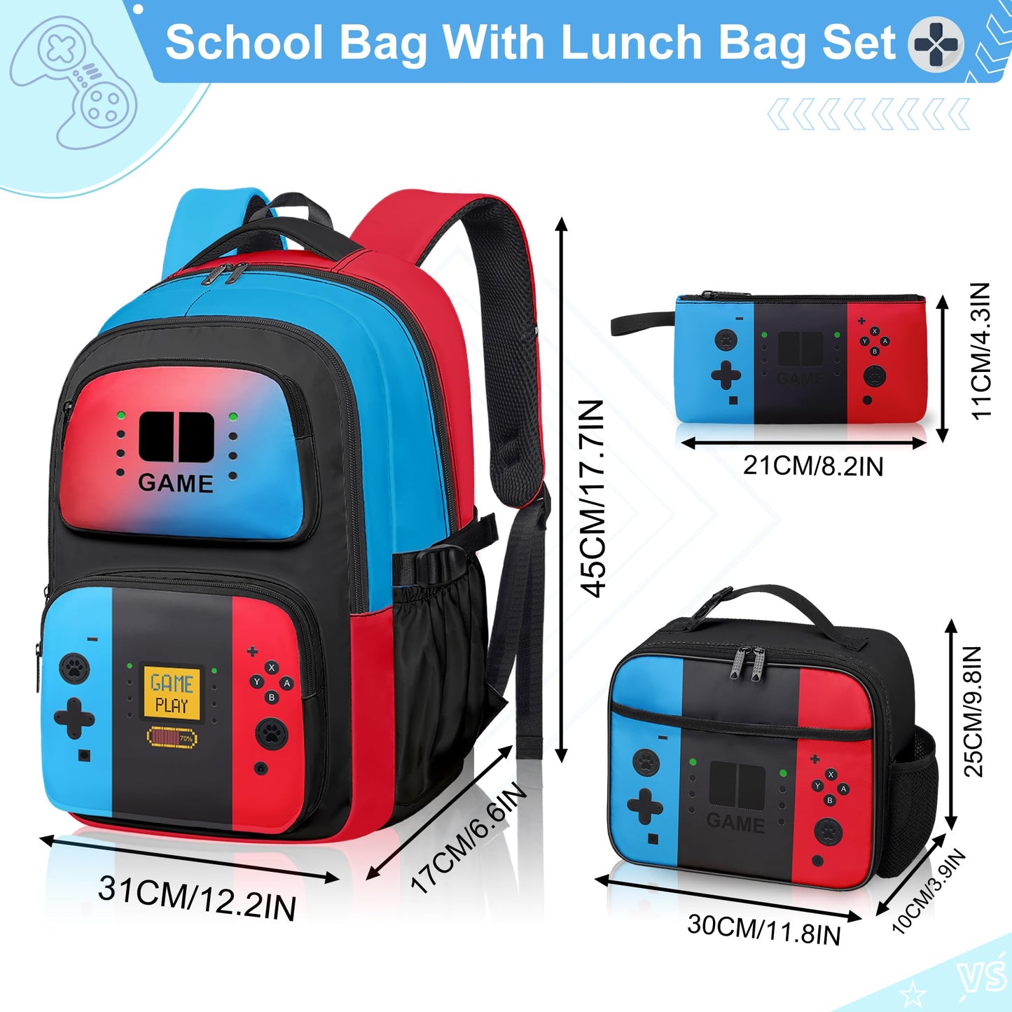 Game Backpack Set for Boys Kids, Gaming Kids Boys Backpack with Lunch Box and Pencil Bag, Large Capacity Game School Bag 17"