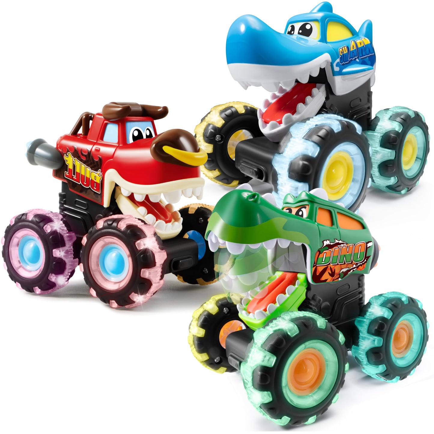 JOYIN 3 Pack Monster Truck Toy - Motion Activated Light-Up Cars for Toddlers - Monster Treads Lightning Wheels - Baby Toy Press & Go Cars for Boys Girls