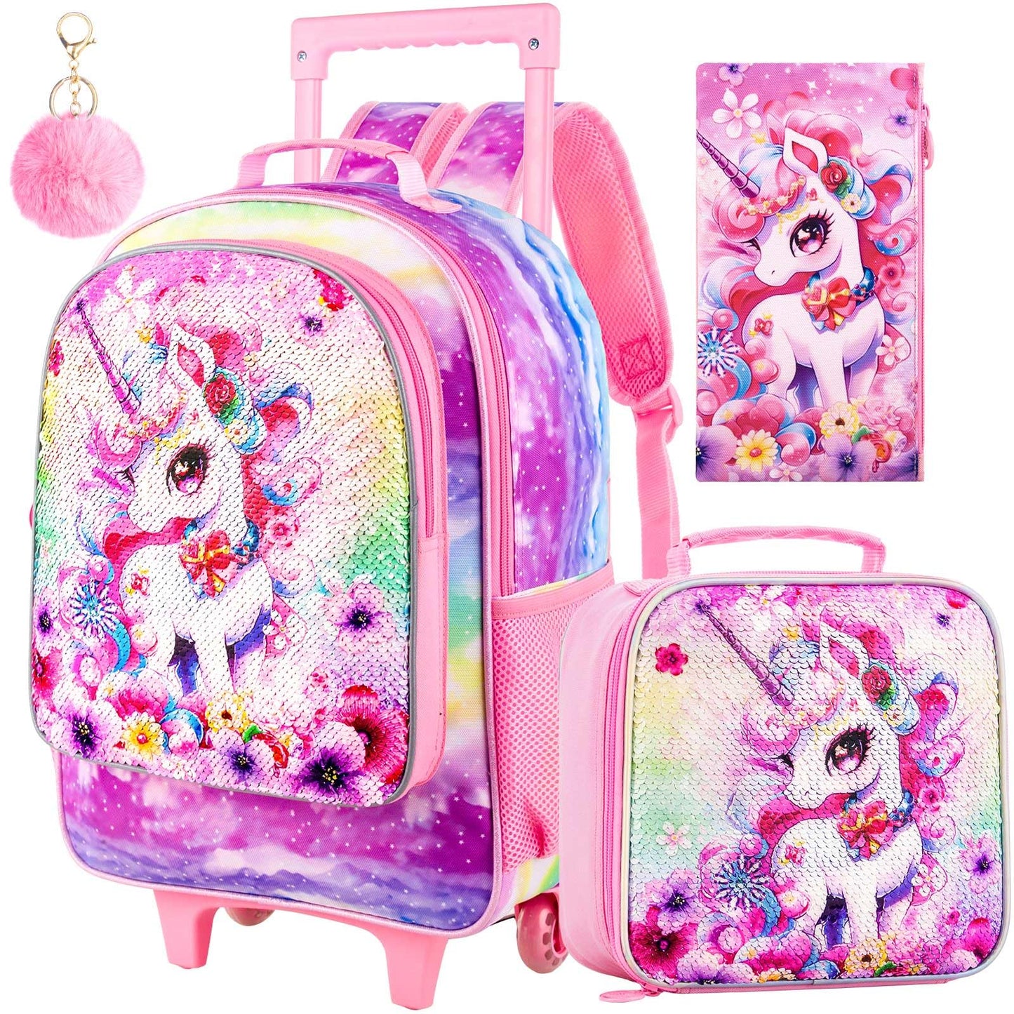 3PCS Rolling Backpack for Girls Boys, Kids Roller Wheeled Bookbag with Lunch Box, Backpacks with Wheels for Elementary