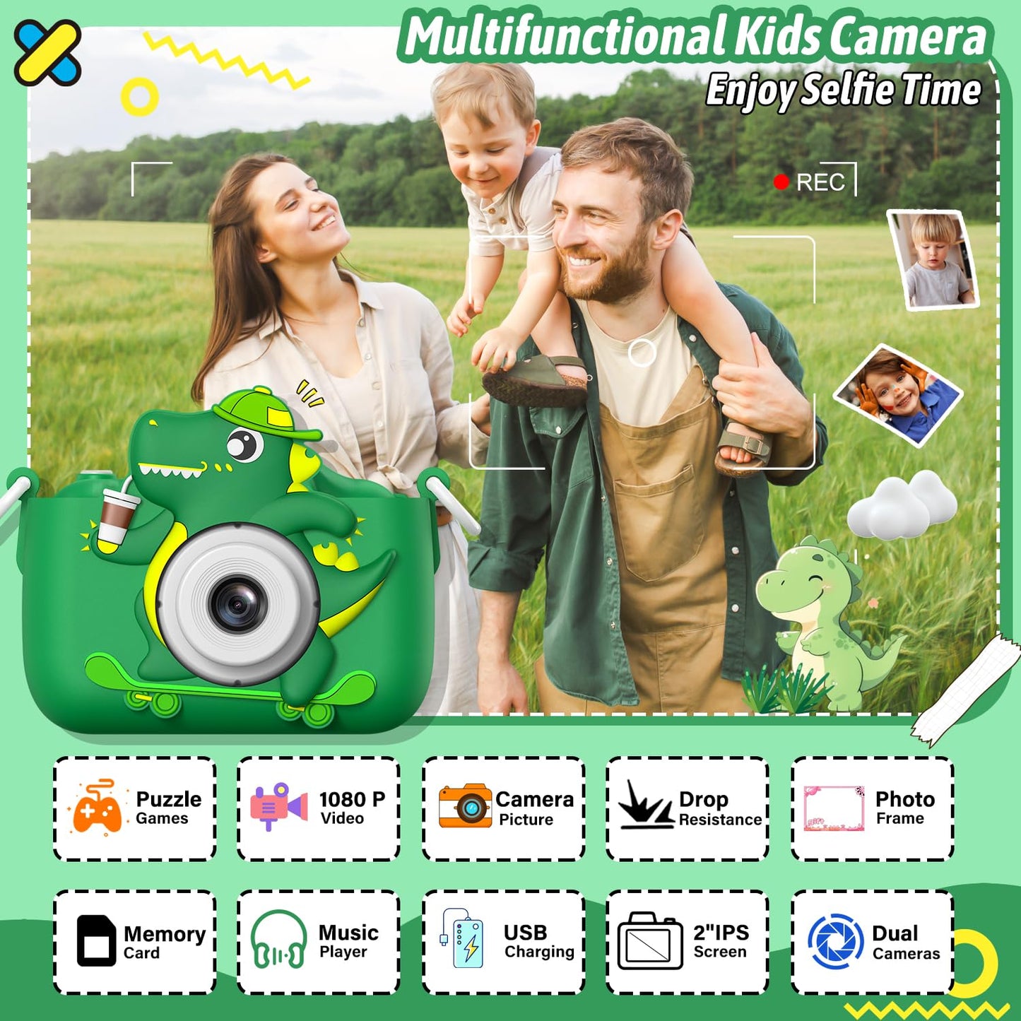 Selfie Kids Camera, Christmas Birthday Gifts for Boys Girls Age 3-12, HD Kids Digital Video Cameras for Toddler with Cartoon Soft Silicone Cover, Portable Toy for 3 4 5 6 7 8 Years Old