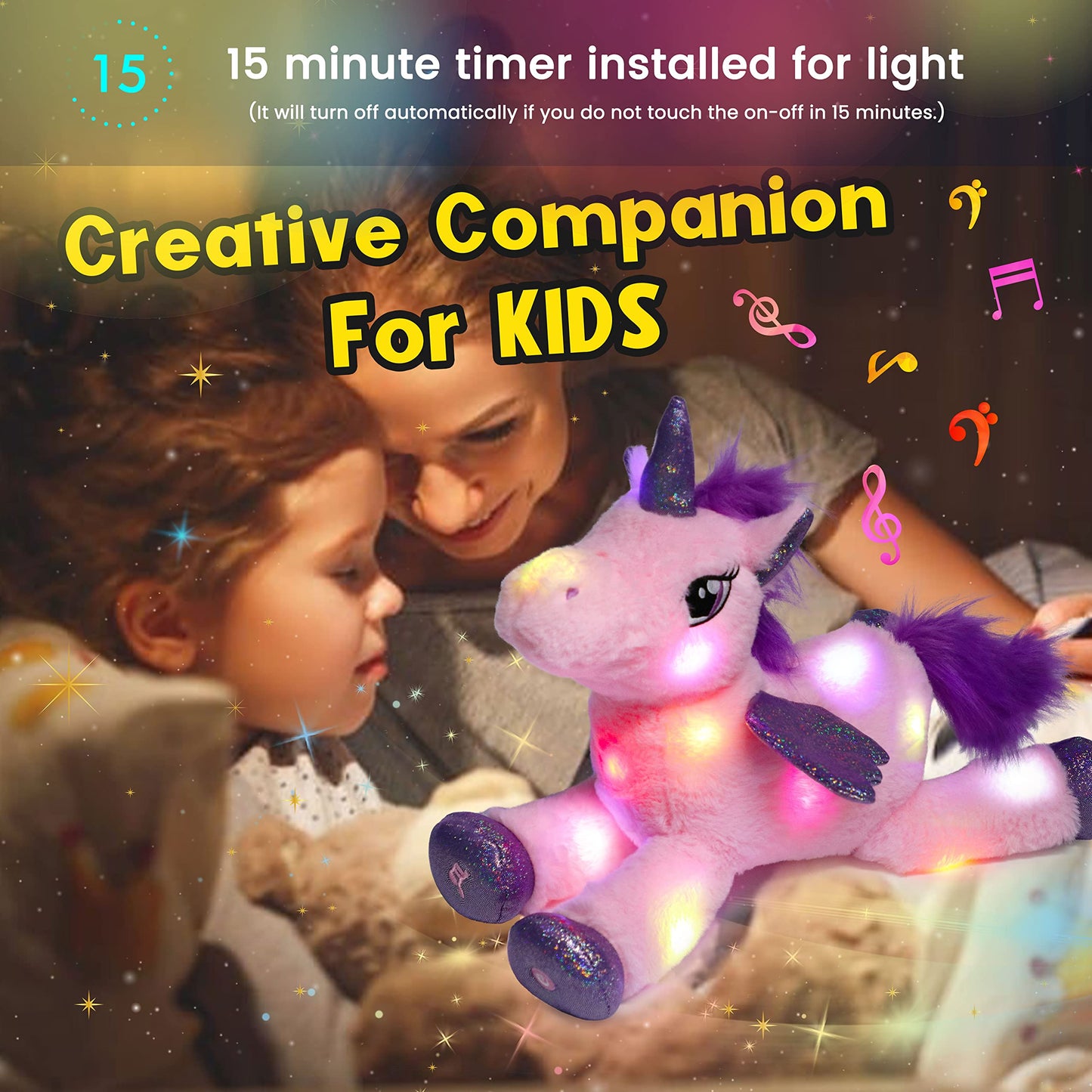 Hopearl LED Musical Stuffed Unicorn Light up Singing Plush Toy Adjustable Volume Lullaby Animated Soothe Birthday Festival for Kids Toddler Girls, Pink, 16''