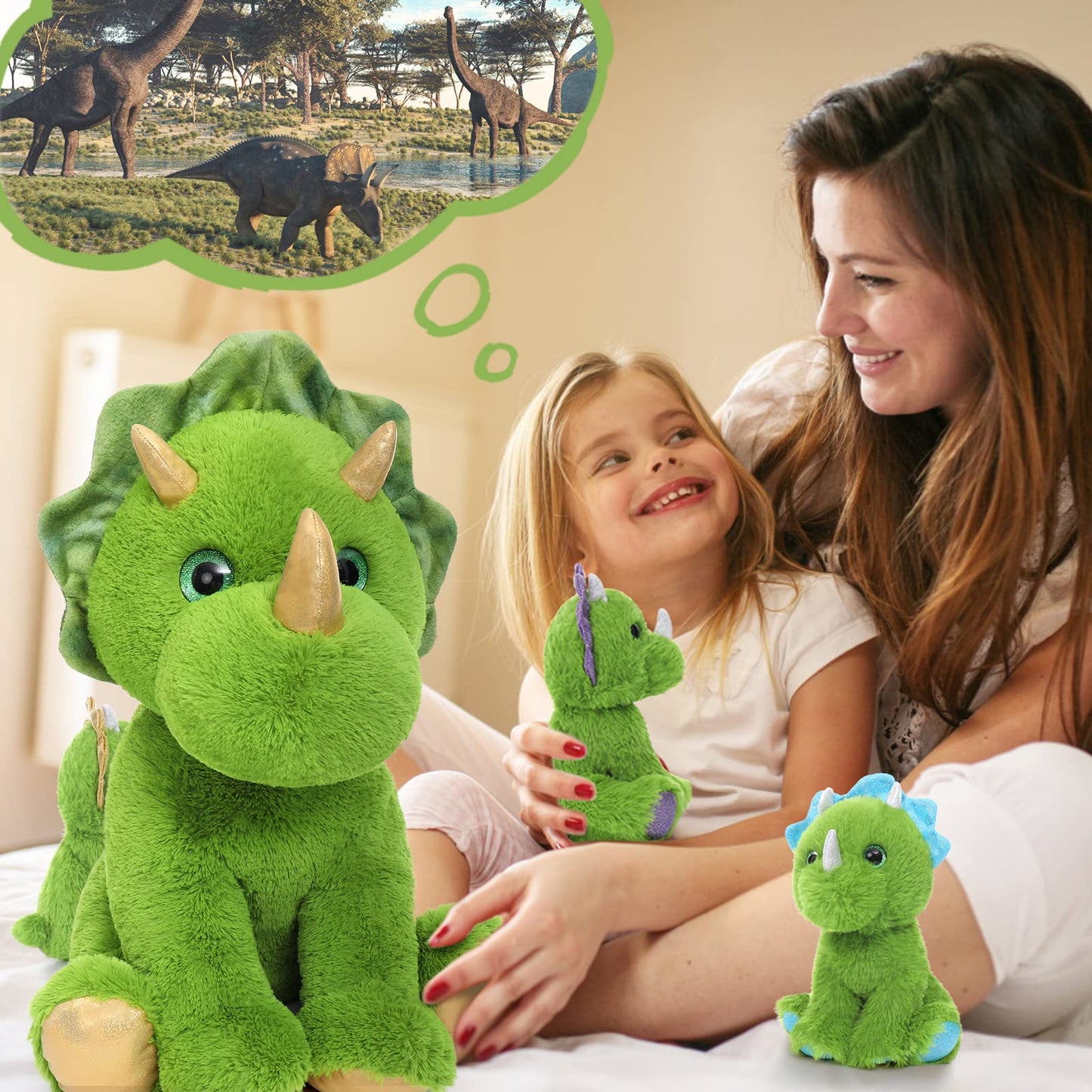 MaoGoLan 4 Pcs Dinosaur Stuffed Animals for Girls,Purple Stuffed Dinosaurs Plush Toys Set for Toddlers, Mummy Dinosaur with 3 Baby Triceratops Plushies, for Kids