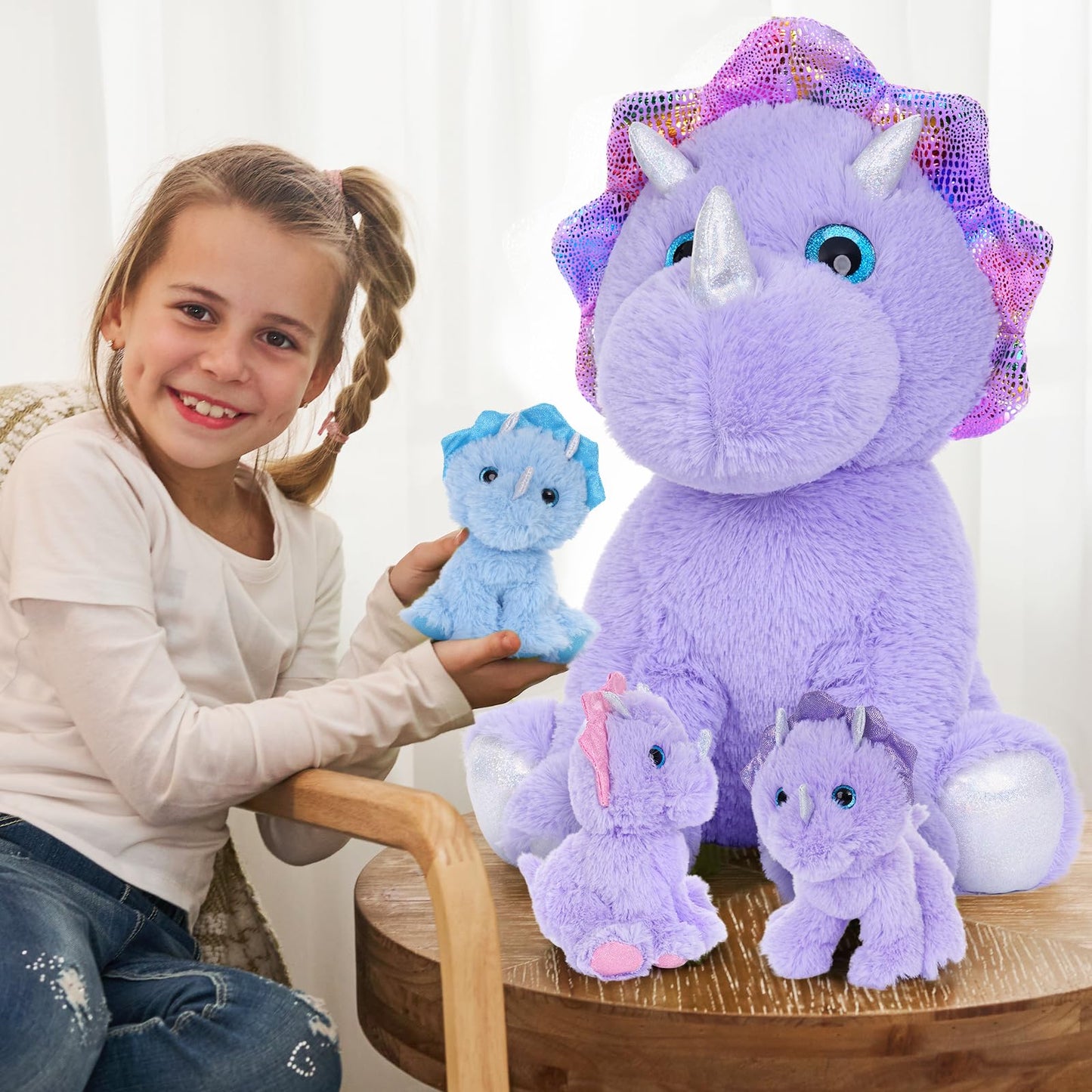 MaoGoLan 4 Pcs Dinosaur Stuffed Animals for Girls,Purple Stuffed Dinosaurs Plush Toys Set for Toddlers, Mummy Dinosaur with 3 Baby Triceratops Plushies, for Kids