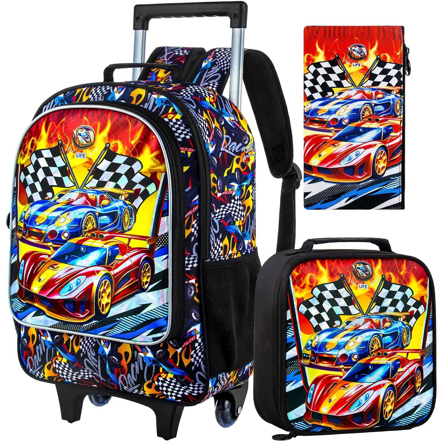 3PCS Rolling Backpack for Girls Boys, Kids Roller Wheeled Bookbag with Lunch Box, Backpacks with Wheels for Elementary