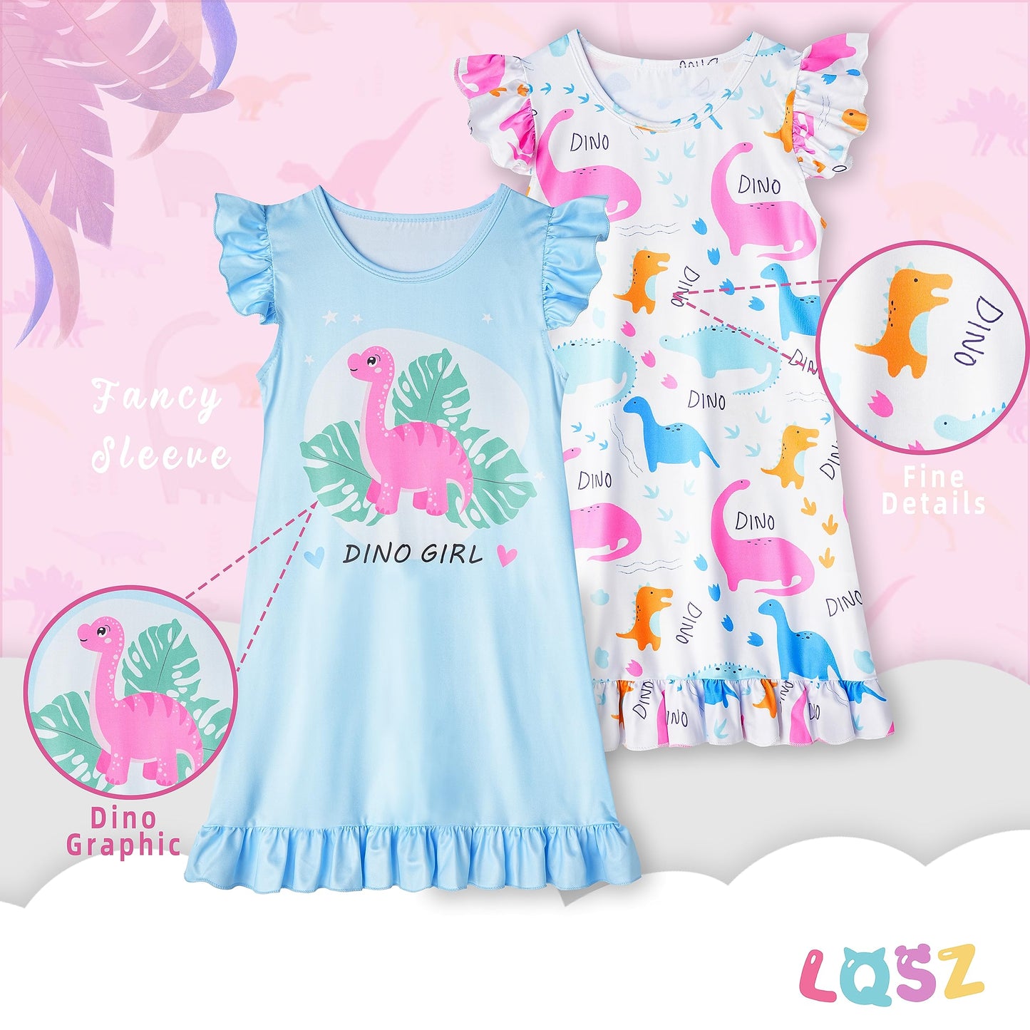 LQSZ 2Pcs Girls Nightgowns 3-10 Years Flutter Short Sleeves Nightdress Nightie Dress Sleepwear Pajamas for Little Girls